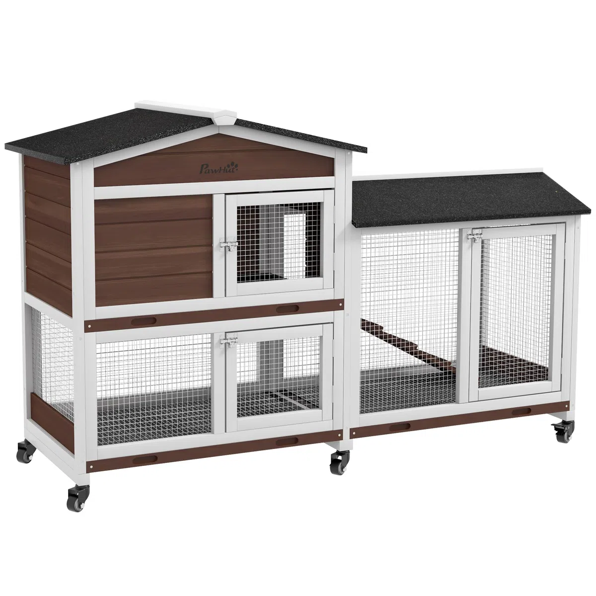 PawHut Conejera de Madera con Ruedas 157,4x53x99,5 cm Jaula para Conejos Grande con Techo Asfáltico Bandejas Extraíbles y Rampa para Exterior e Interior Marrón