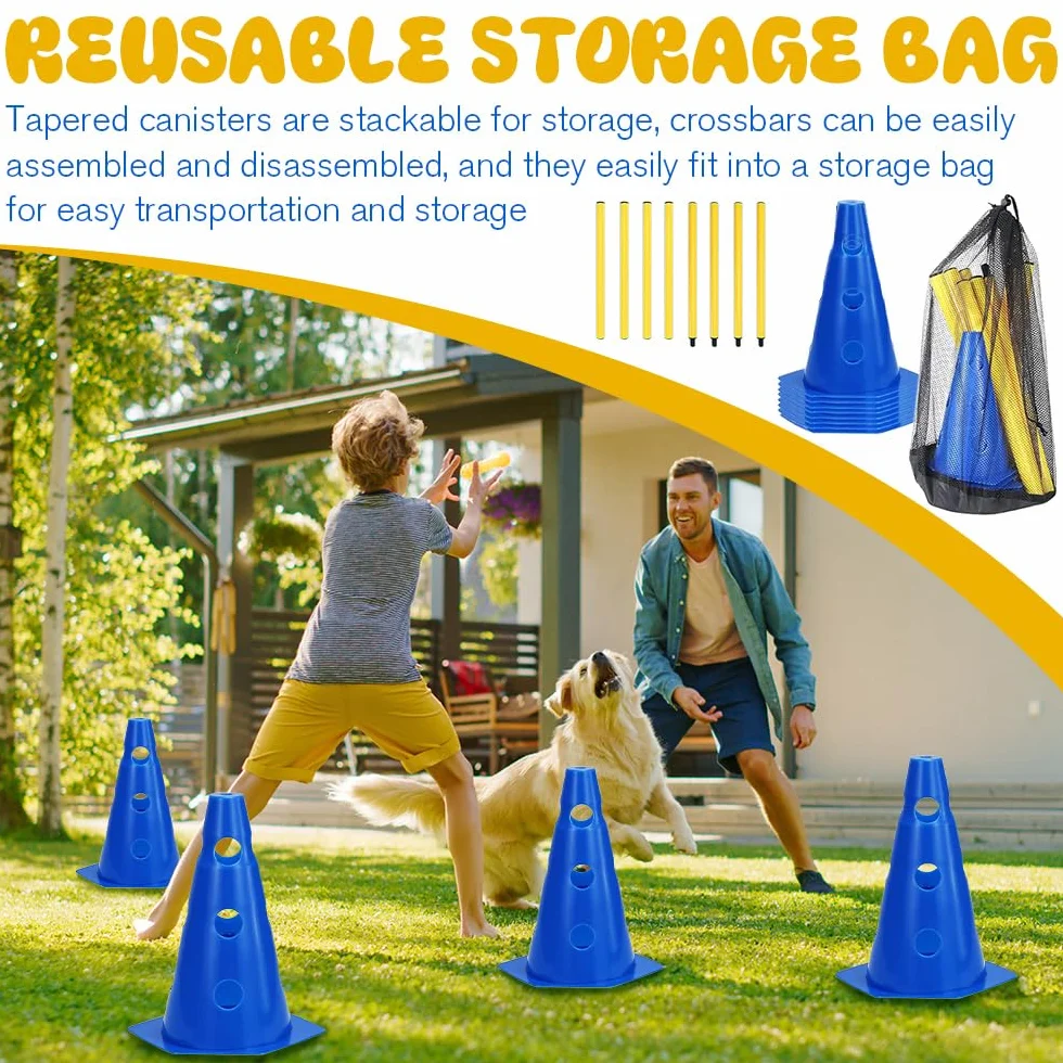 Agility Set Perros Barreras, Juego de Obstáculos Niños, 8 Conos de 23 cm de Altura + 4 Barras de 81 cm de Largo, Bolsa de Transporte Accesorios de Entrenamiento Kit de Entrenamiento para Perros