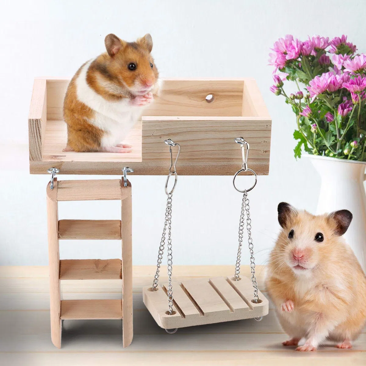 Escala para Animales de compañía Juguetes para pájaros Escalera de rampa para hámster de Madera de 3 Piezas, Perchas de Jaula para pájaros Cuadrados, Plataforma de Soporte de Madera, para Ardilla de