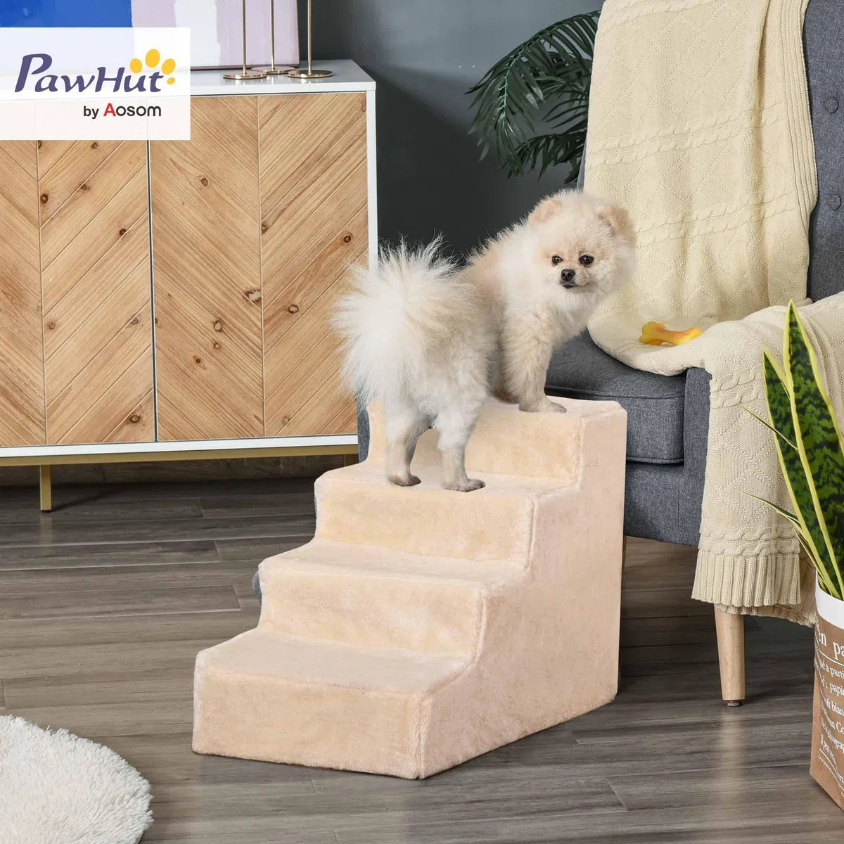 PawHut Escalera para Perros de 4 Peldaños Escalera para Mascotas con Funda Extraíble y Lavable para Cama Sofá 60x35x44 cm Beige