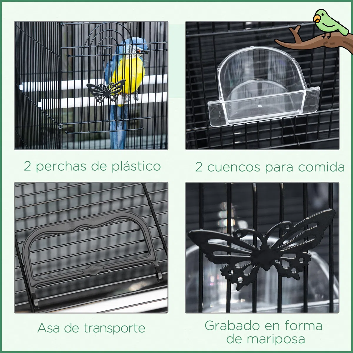 PawHut Jaula para Pájaros 60x41x41 cm Pajarera de Metal con Comederos 2 Perchas 3 Puertas y Asa de Transporte para Pájaros Pequeños Canarios Cotorras Negro