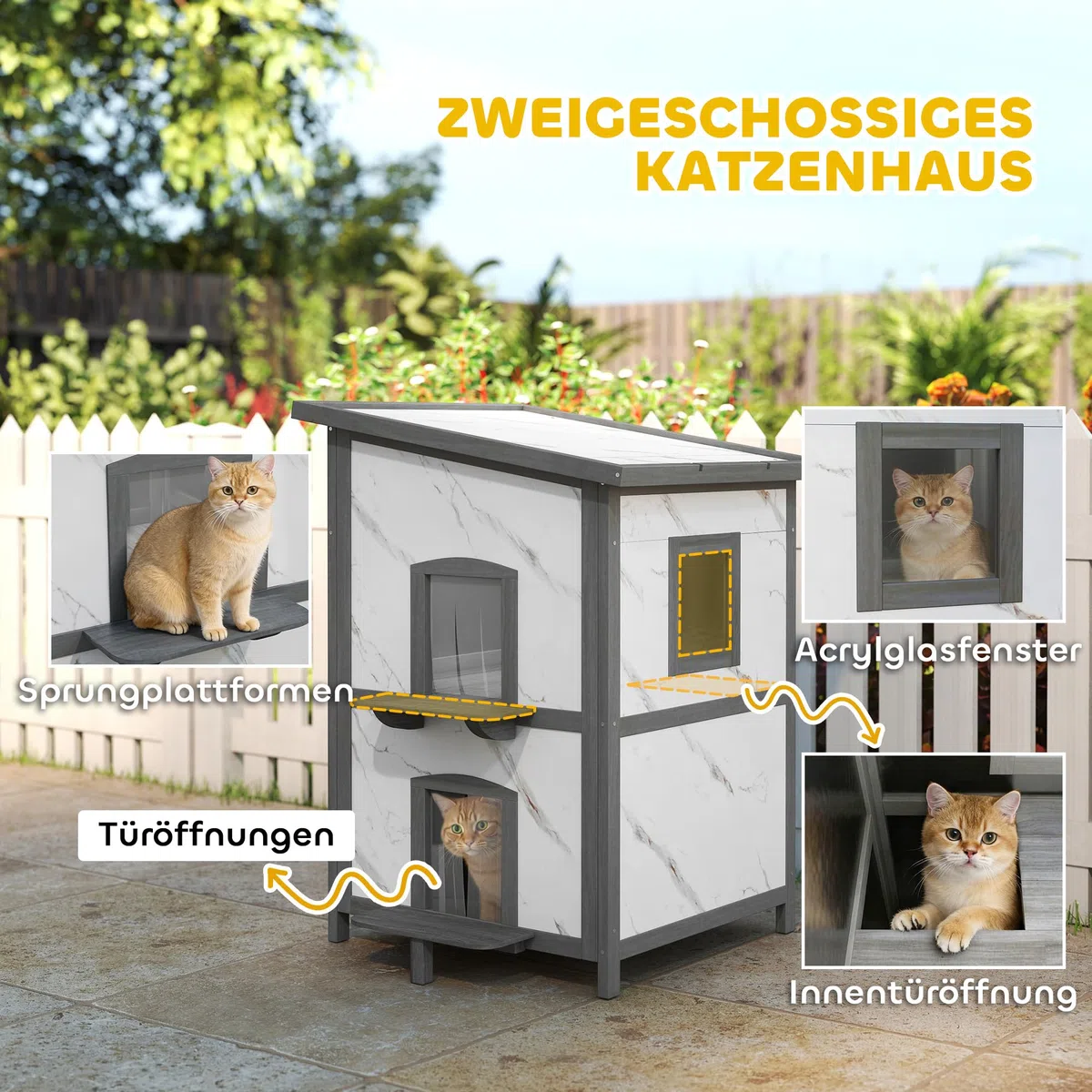 Casa de Madera para Gatos PawHut, casa para Gatos aislada de 2 Pisos para Exteriores con Ventana, Varias Puertas, Techo Repelente al Agua, Cueva para Gatos Caja para Gatos para Exteriores, 60 x 60 x