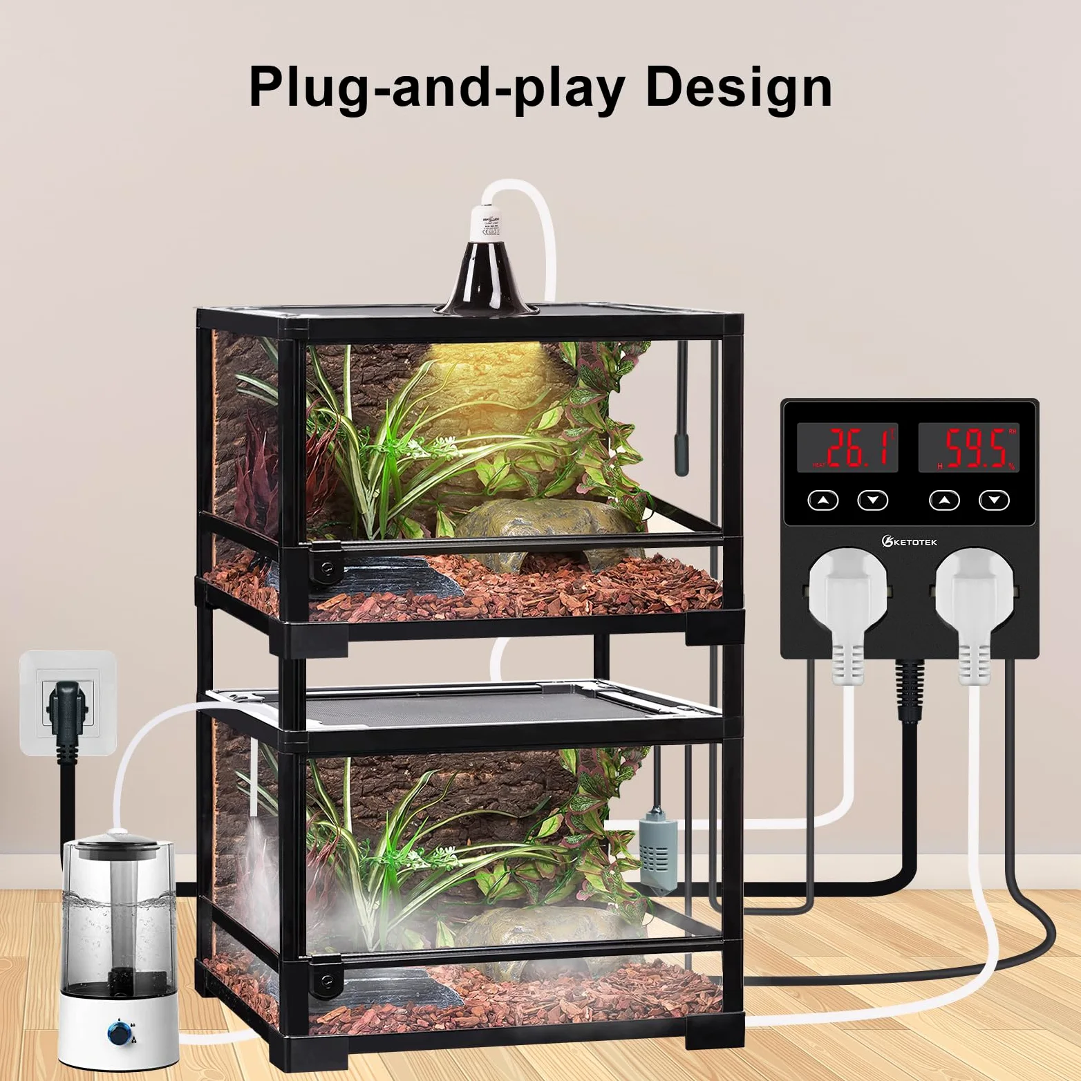 KETOTEK Enchufe con Higrostato Termostato con Sonda, Controlador de Humedad y Temperatura Regulador Digital 220V con Alarma para Terrario Reptil Invernadero Incubadora Humidificador Deshumidificador