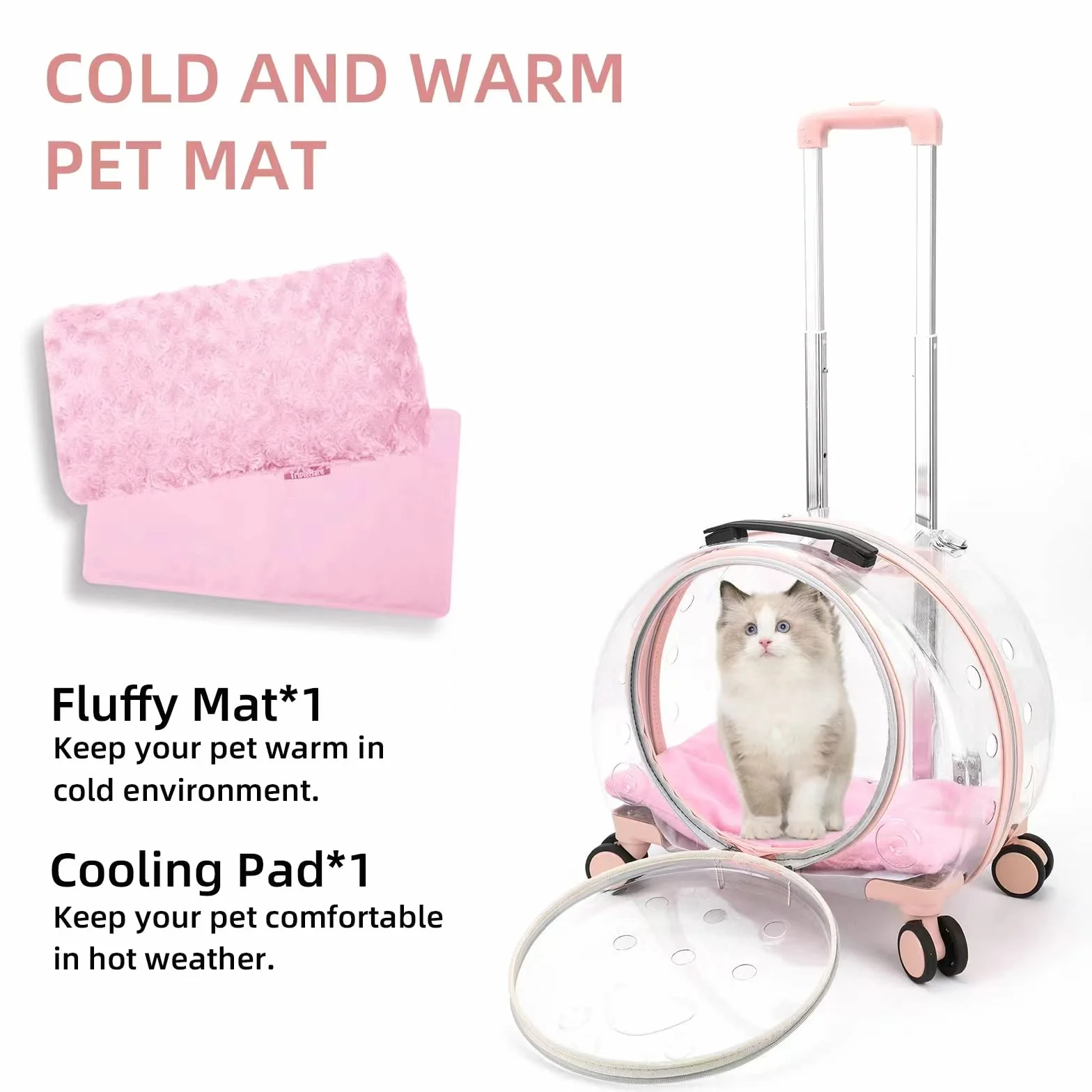 Transportín transparente y totalmente transpirable para gatos con ruedas giratorias para perros, gatos o conejos, más opciones de transporte, perfecto para viajar/hacer un paseo (rosa)