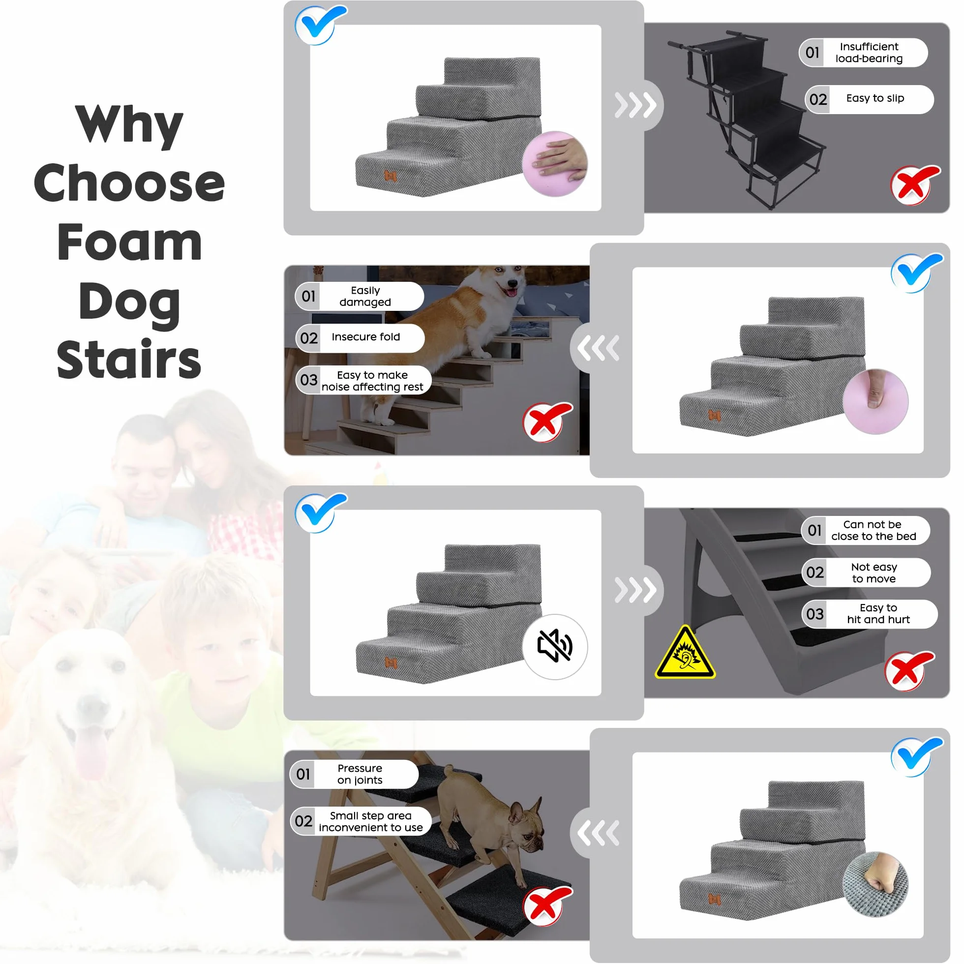 Escaleras para Perros 4 Escalones, Rampa para Mascotas Extraíble y Lavable, Escalera Antideslizante para Ccachorros, Rampa para Perros Pequeños y Gatos, para Sofá o Cama, Gris