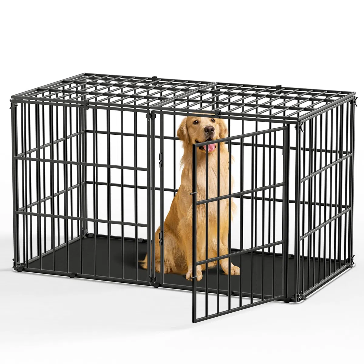 Pawaboo - Jaula para Perro, con Alfombra Impermeable, Parque de Metal Grueso, antimordeduras, con Tapa Segura, Interior, Exterior, 143,5 x 70 x 80 cm, Color Negro