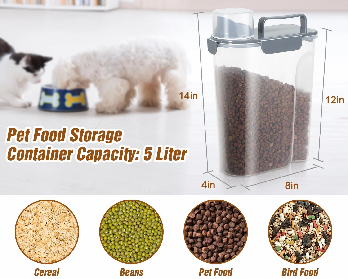 TBMax Contenedor de almacenamiento de alimentos para gatos de 5 litros con tapa, recipiente portátil para alimentos para mascotas con boquilla grande y taza medidora, recipiente hermético para
