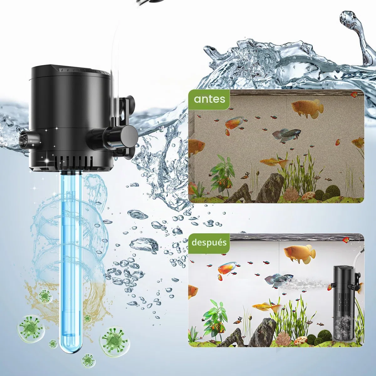 Forever Speed Filtro Acuario Interno con lámpara UVC 6W y Filtro pecera 5 en 1, para acuarios de 40L a 100L (500L/H)
