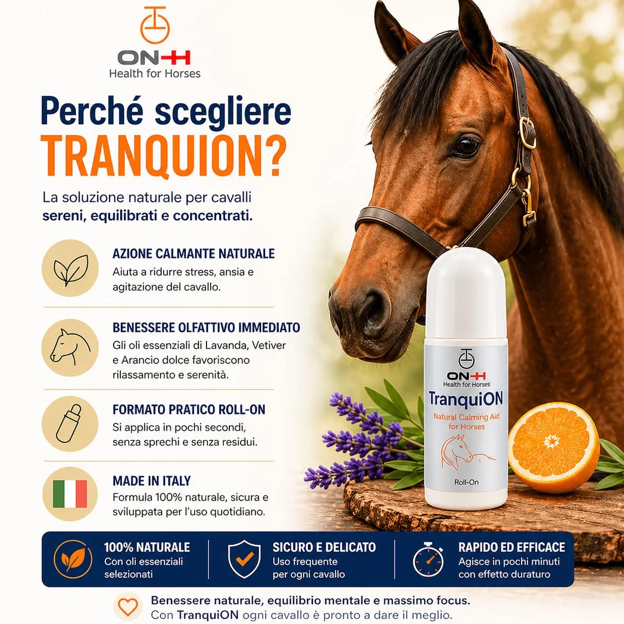 ON-H TranquiON Roll-On para Caballos | Gel Calmante Natural | Aplicación Localizada con Roll-On | Ideal antes de Transporte, Competición y Entrenamiento | Calmante sin Sedación | Uso Diario