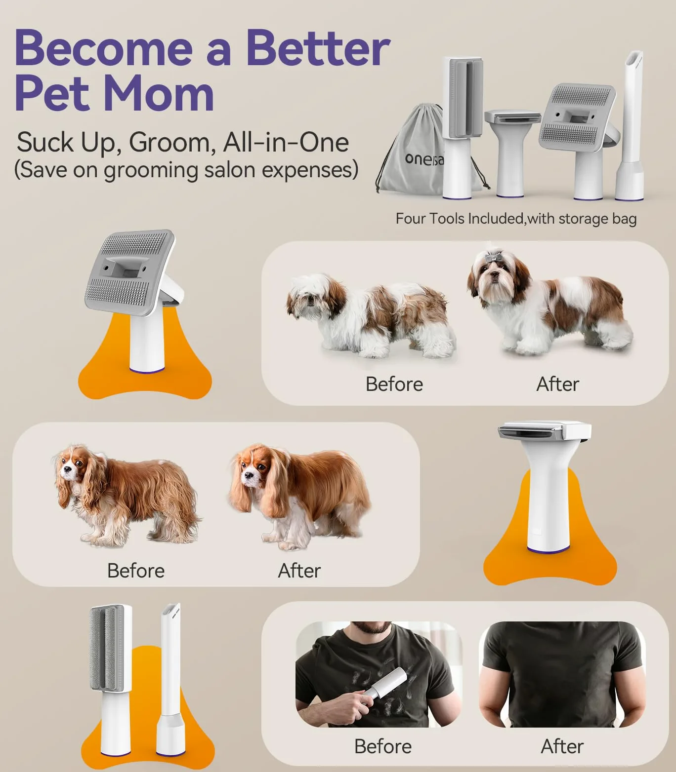 Oneisall Aspirador de pelos animal doméstico con cepillo, Súper poder de succión 12000pa, Aspiradora para perros con botón, 4 cepillos, 1.5L