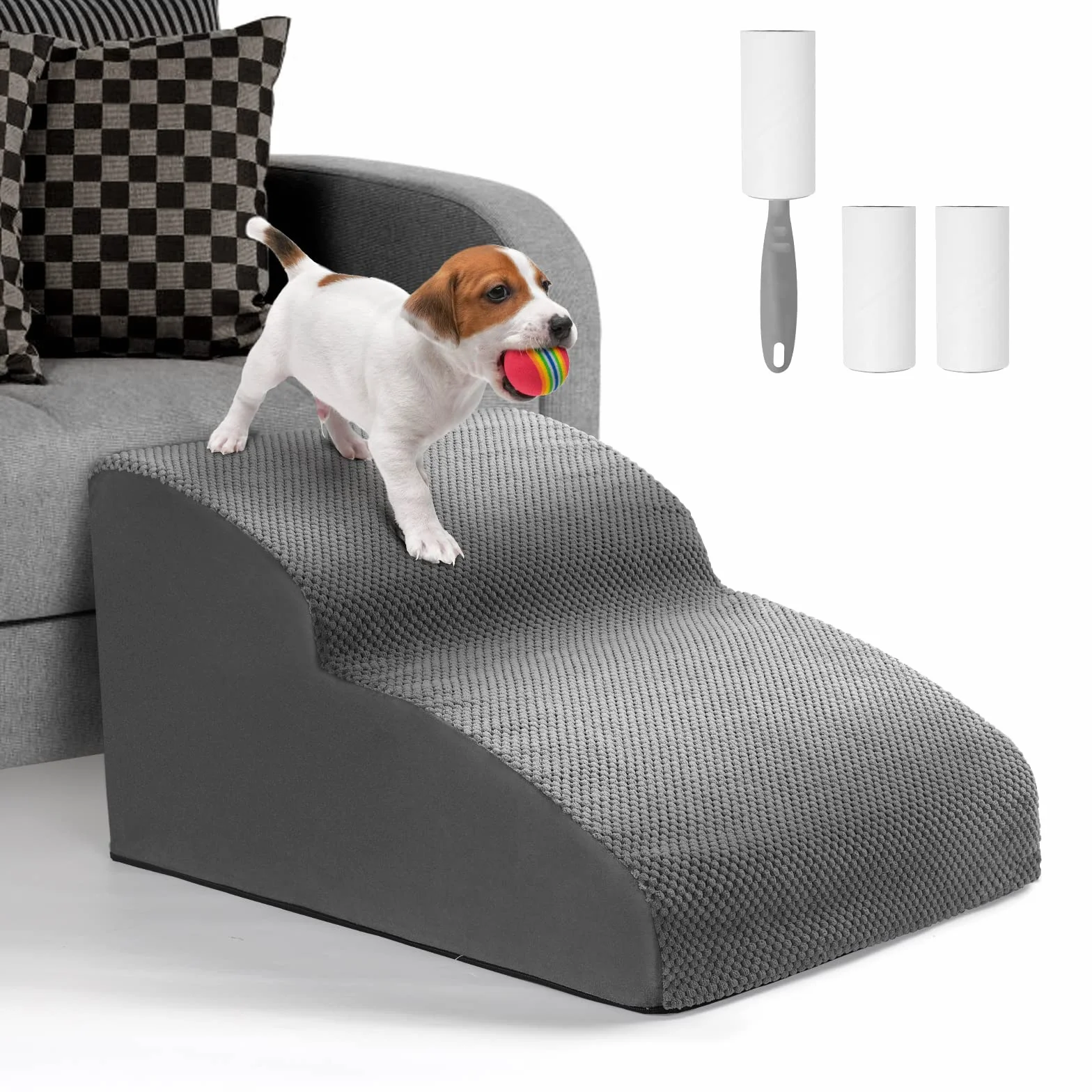 Lannvan Escalera para Perros, Escaleras para Mascotas de Espuma de 2 Escalones, Rampa para Perros Pequeños y Gatos con Funda Lavable y Fondo Antideslizante, para Sofá o Cama, Enviar Rodillo de Pelusa