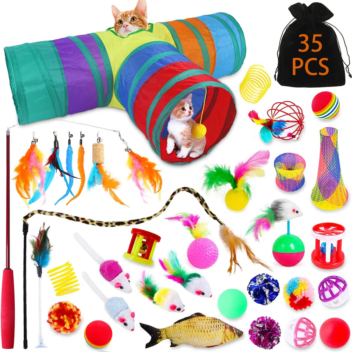 Juguetes Gat,35pcs Juguete para Gato con Túnel,Juguetes para Gatos Interactivos Juegos Gatito,Pescado,Ratón,Pluma,Pelota,Palo de Gato Divertido,Kit de Juguetes interactivos para Gatos