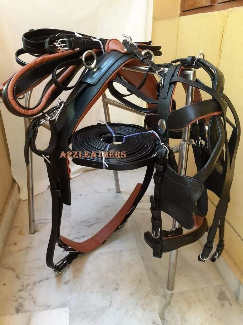 Ecuestrian Universe - Arnés de conducción de cuero negro y bronceado para carro de un solo caballo (completo)
