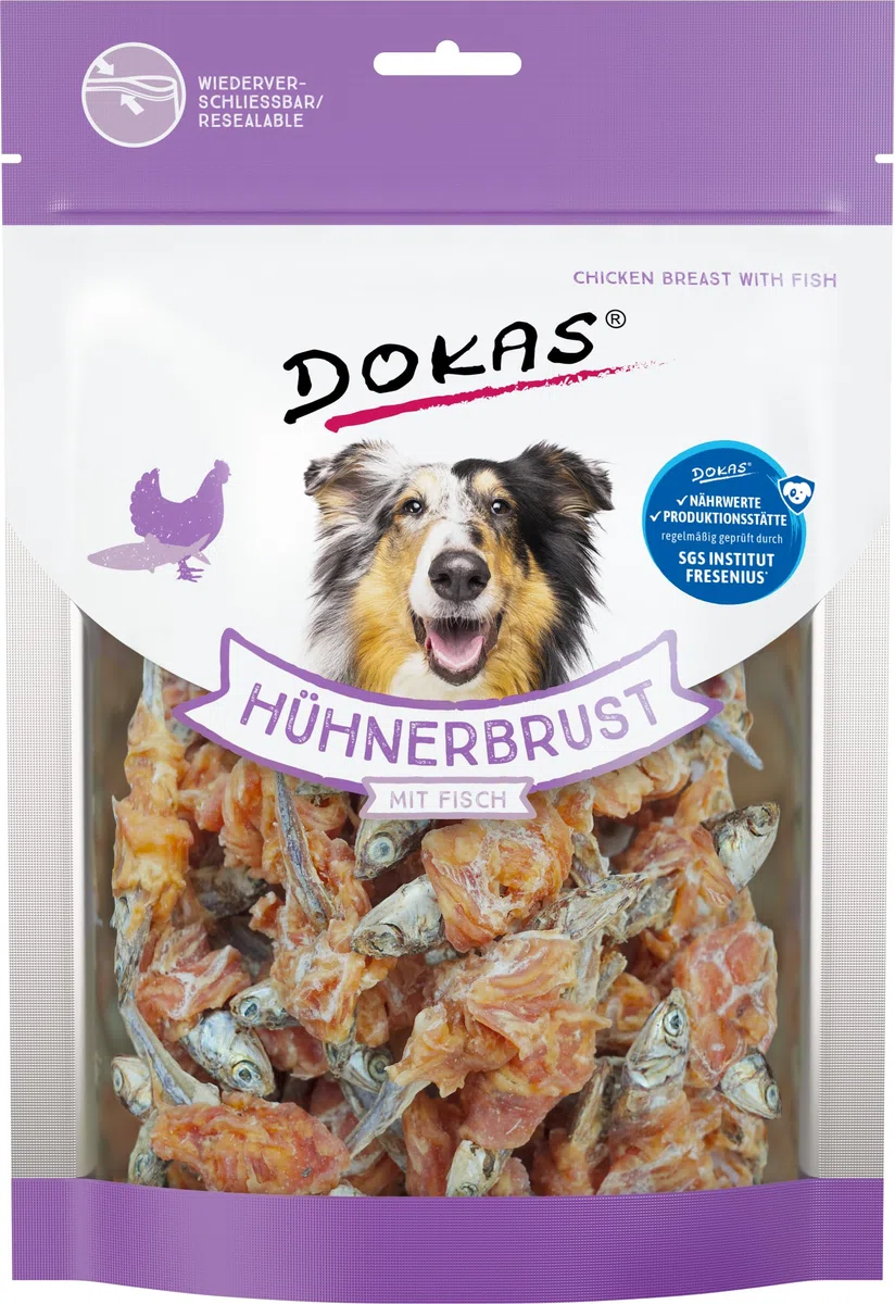 DOKAS - Snack prémium sin Cereales con Pollo, pez para Perros - Ideal para Entretiempo