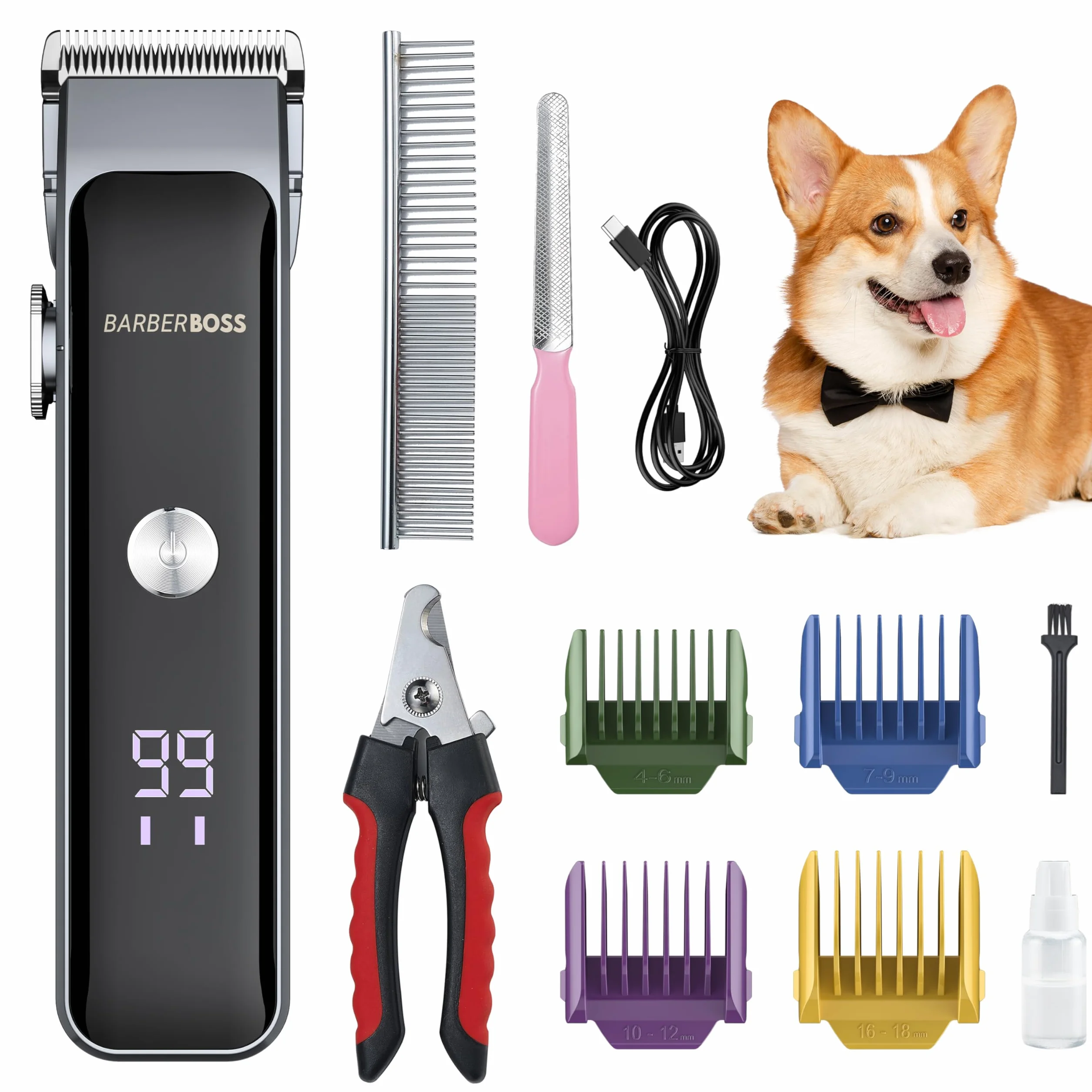 BarberBoss Todo-en-Uno Kit de peluquería canina, Perro Clippers profesional para el pelo grueso, Perro Clippers inalámbrico, Cat Clippers para Matted Fur, Kit de peluquería canina QR-9089