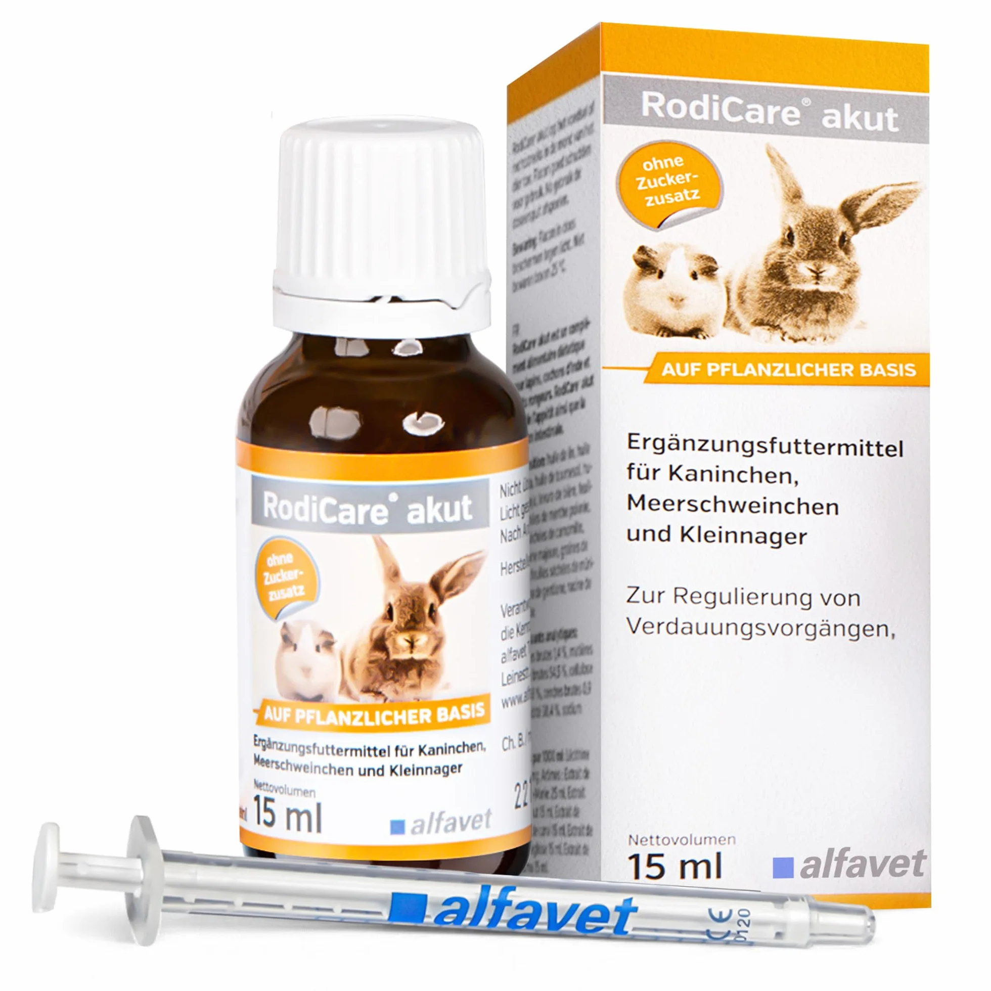 Alfavet RodiCare akut - 15 ml - Suplemento alimenticio para Regular la digestión en Conejos, cobayas y pequeños roedores - con jeringa dosificadora