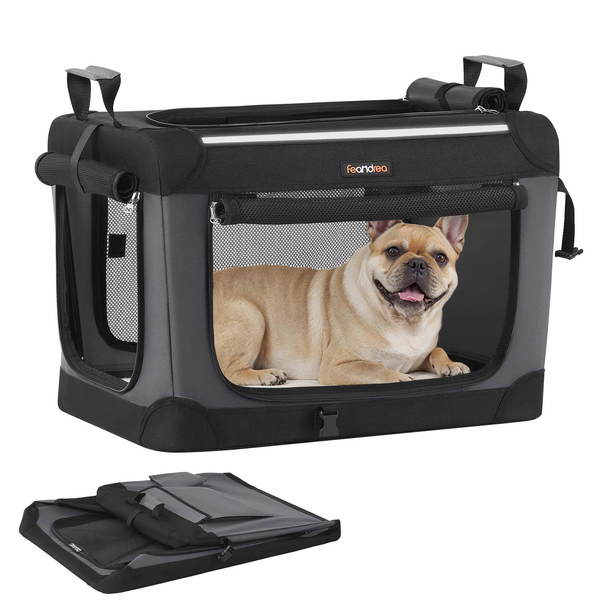 Feandrea Transportín para Perros, Plegable, 60 x 42 x 42 cm, para Perros Pequeños, Tela Oxford, Puertas de Malla, Asas y Bolsillo de Almacenamiento, Negro Tinta PDC016B01