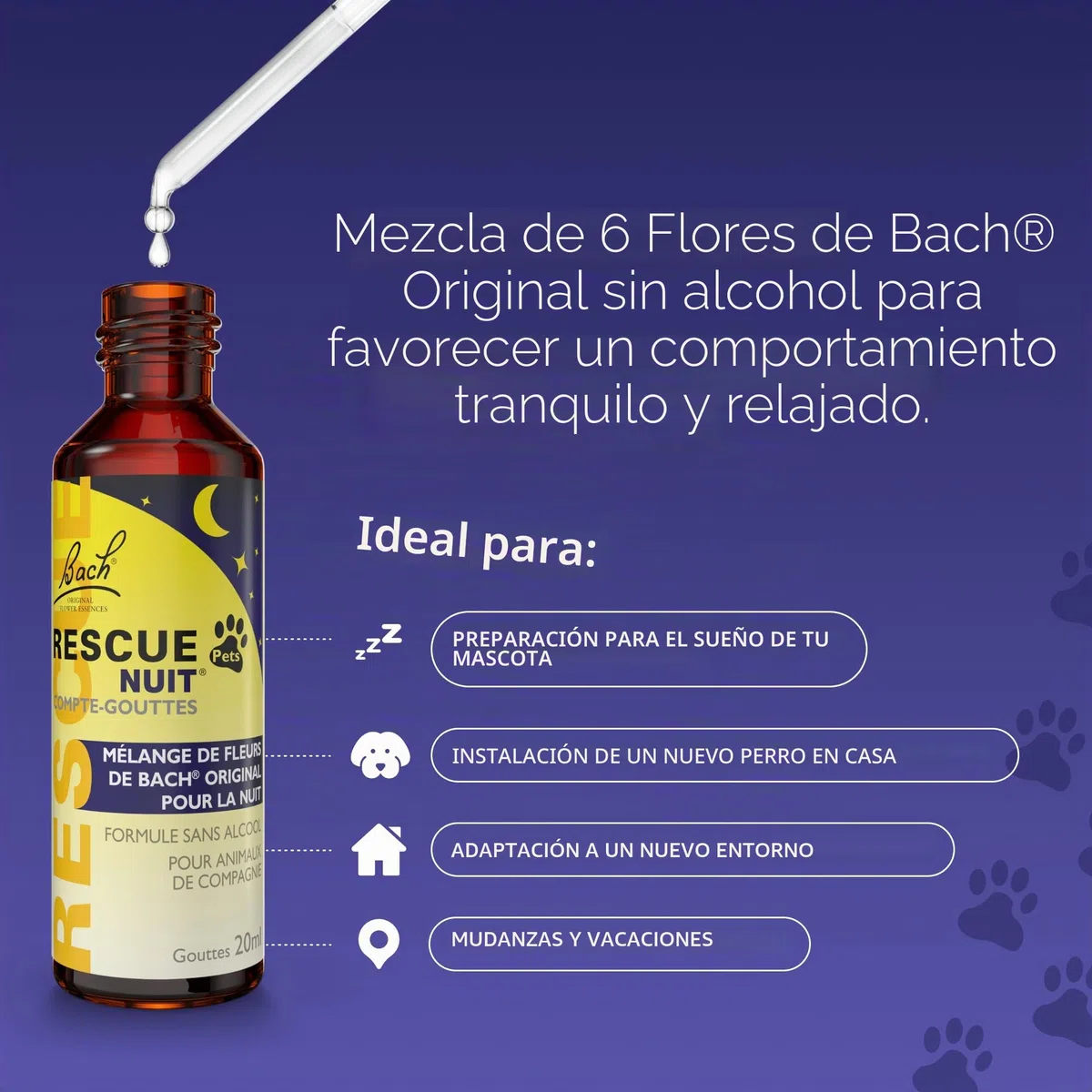 RESCUE NOIT PETS – Cuentagotas – Serenidad para animales – Ideal para viajar, aseo, ruido, vegano y sin alcohol – 20 ml