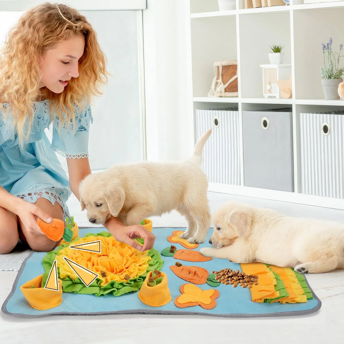 DEWEL Alfombra Olfativa Perros, Snuffle Mat con Zanahorias con Sonido, Juguete Interactivos para Perros, Manta de Actividades Mascota Plegable y Lavable, 78.5x48 cm (Azul Cielo)