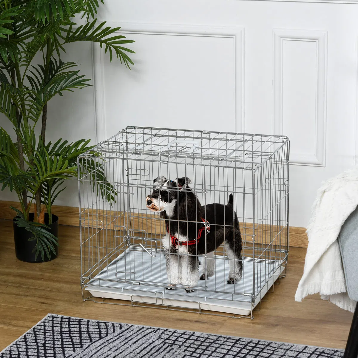 PawHut Jaula Plegable para Perros Perrera Metálica 61x43x50 cm Jaula Metálica para Perros con Bandeja Extraíble y 2 Puertas con Pestillo Blanco