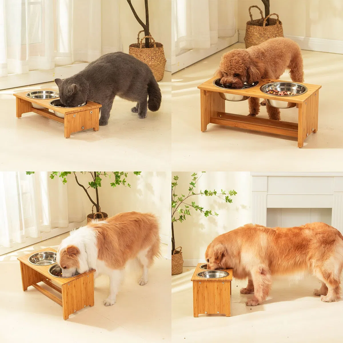 Cajones para Perros levantados para Gatos y Perros - Cajones de Comida y Agua para Gatos con elevaciones de bambú Soportes para alimentadores con 2 tazones de Acero Inoxidable (S)