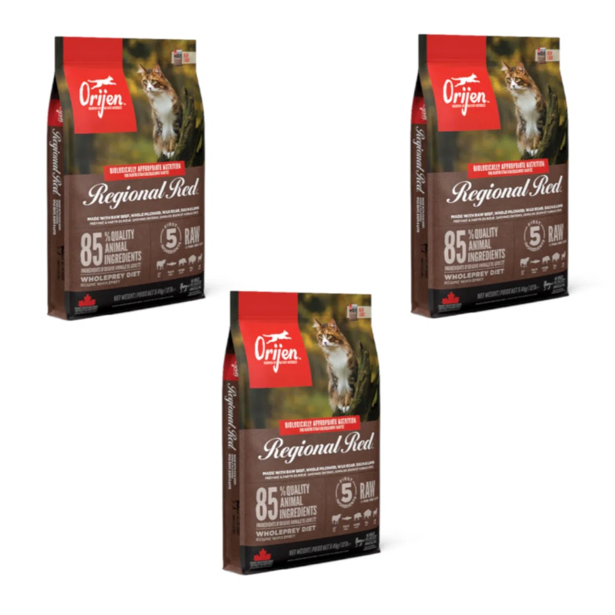 Orijen Cat Regional Red | Paquete Triple| 3 x 340 g | Alimento Completo para Gatos Adultos | 85% Ingredientes Animales Recubierto de hígado liofilizado