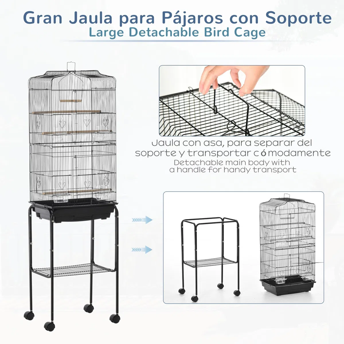 PawHut Jaula para Pájaros, Jaula Grande con Ruedas, Estante de Almacenaje, Puertas, 4 Comederos, 3 Perchas, Columpio, Bandeja Extraíble y Asa, para Loro, Canario, Periquito, 46,5x36x157 cm, Negro