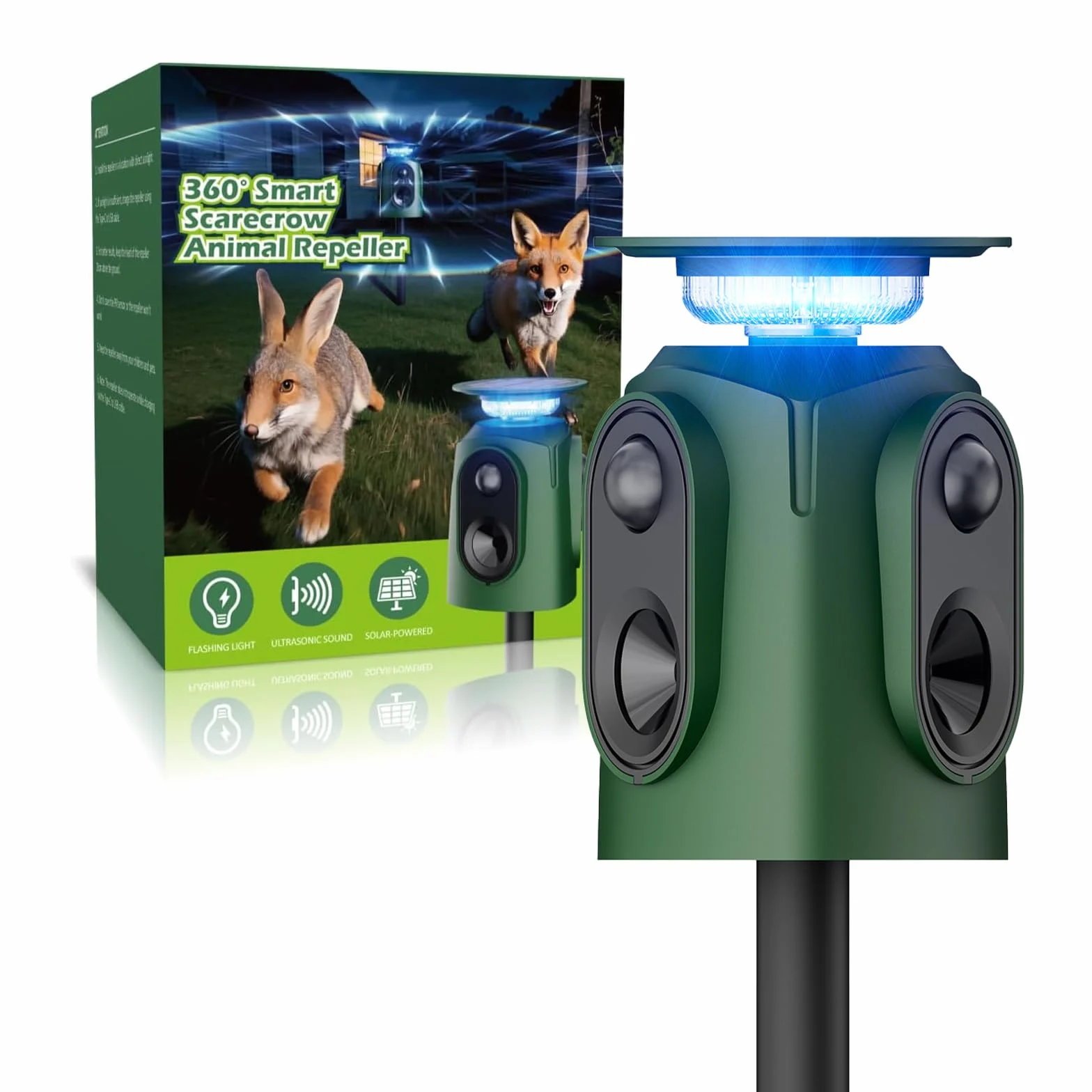 Repelente Gatos Ultrasonido, Jkevow 360° Ahuyentador Gatos 5 Modos con Sensor de Movimiento y Flash,Ahuyentador de Gatos para Pájaros,Perros,Zorros