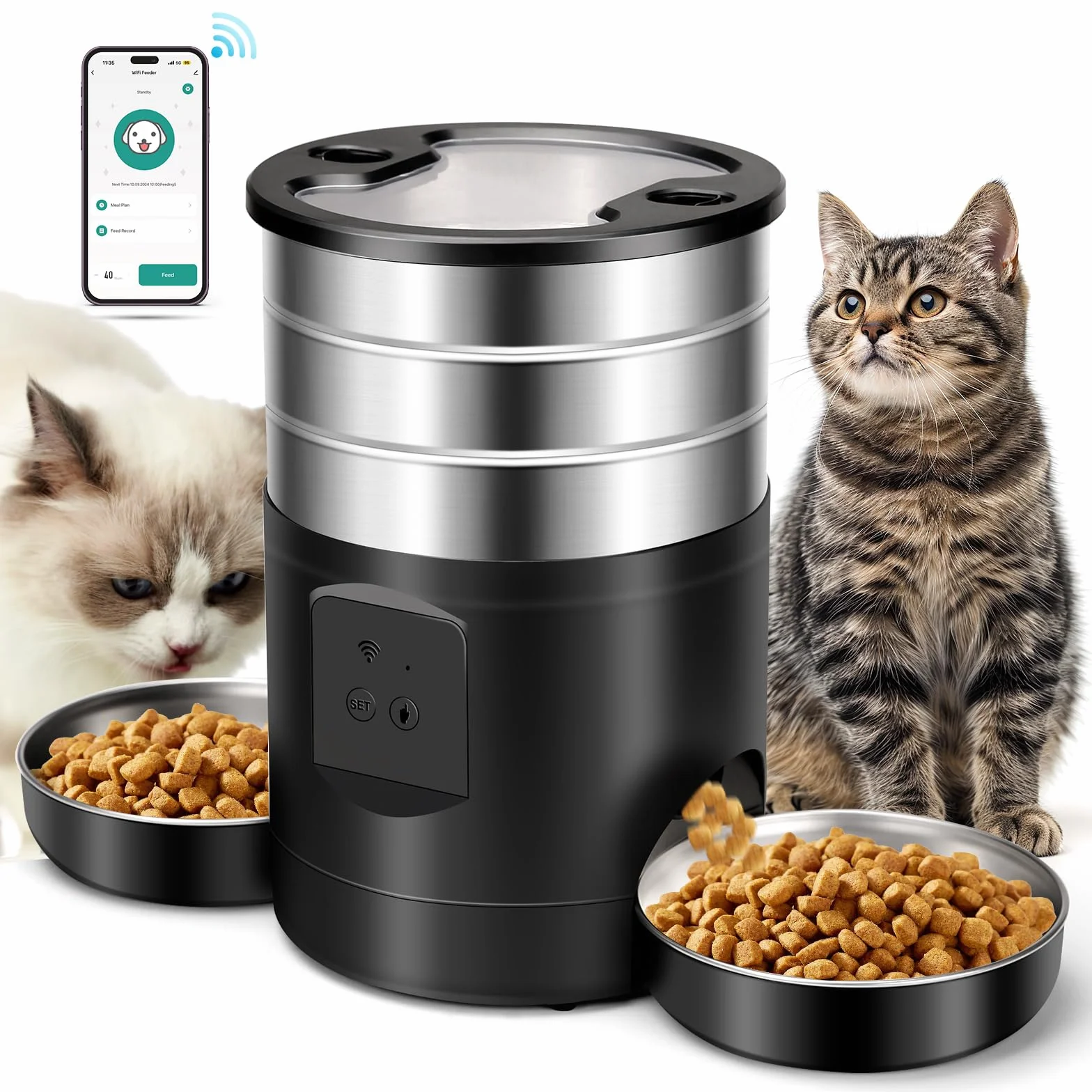 5L Comedero Gato Automatico 2 Tazones para Gatos Perros, 2.4G WiFi Acero Inoxidable Diseño Antiobstrucción Temporizador 24h 10 Comidas por Día 1-40 Porciones, Dispensador Automatico Perro Gato