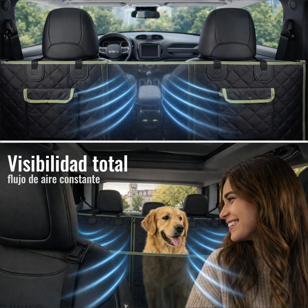 Funda Perro Coche Asientos Traseros 6-En-1 | Fundas para Coches Asientos Impermeables 600D con Ventana De Malla Y Laterales Elevados | Protector Asiento Coche Perro Trasero Negro/Verde