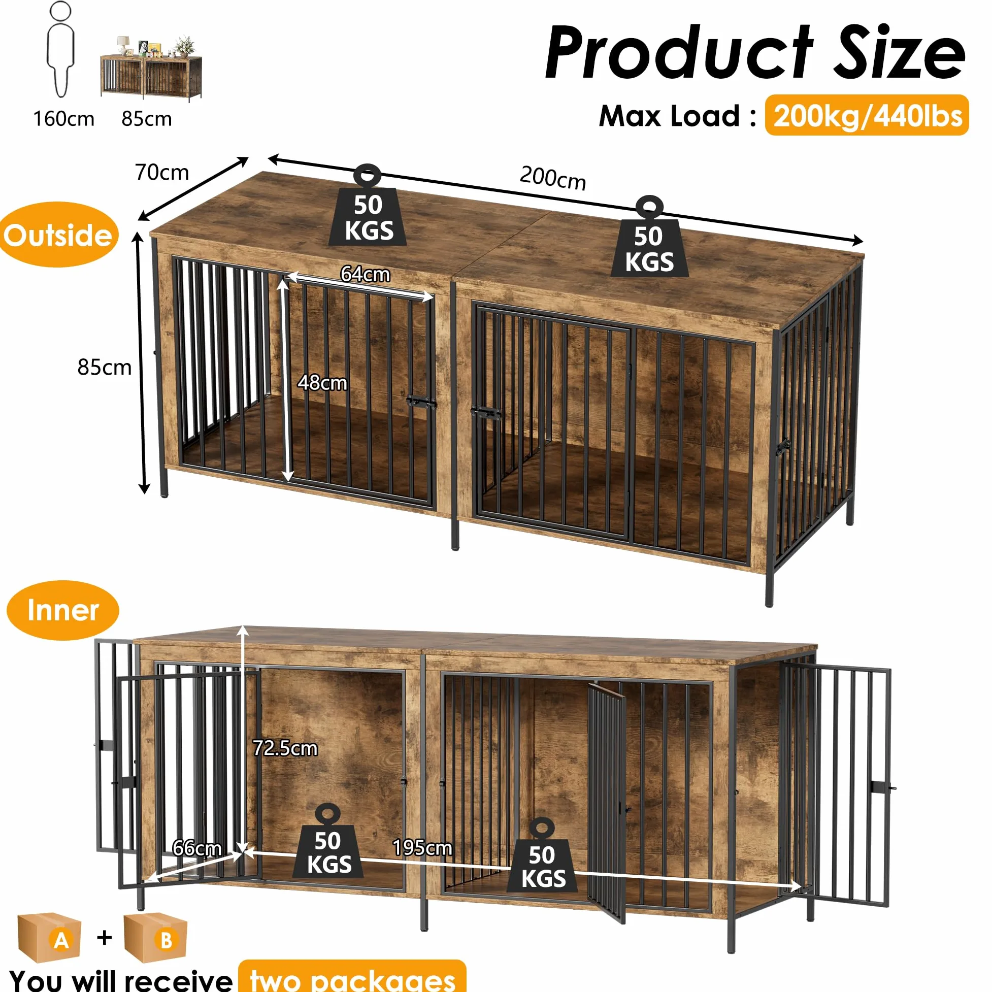 Jaula para Perros Grandes Estilo Mueble Casa para Perros 200CM Caja para Perros Grande para Casa de Madera Jaula Mueble de Madera para Dogs XXL,Jau-la Moderna para Perro hasta 100KG,200 x 70 x85CM