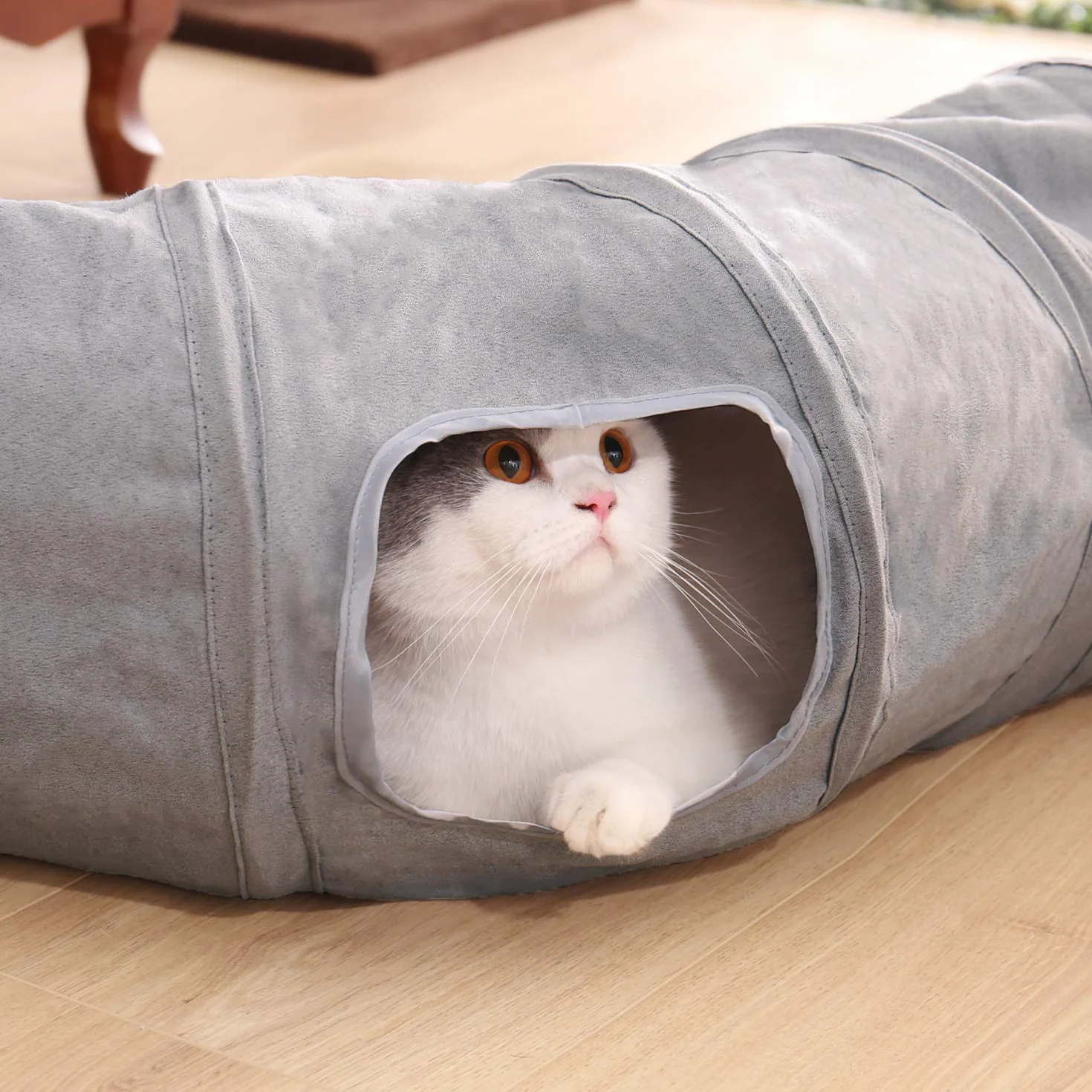 OHANA Juguete Plegable túnel de Gato en Gamuza, Gran túnel para Gato de Interior Conejos con 2 Agujeros y Bola suspendida - Forma S