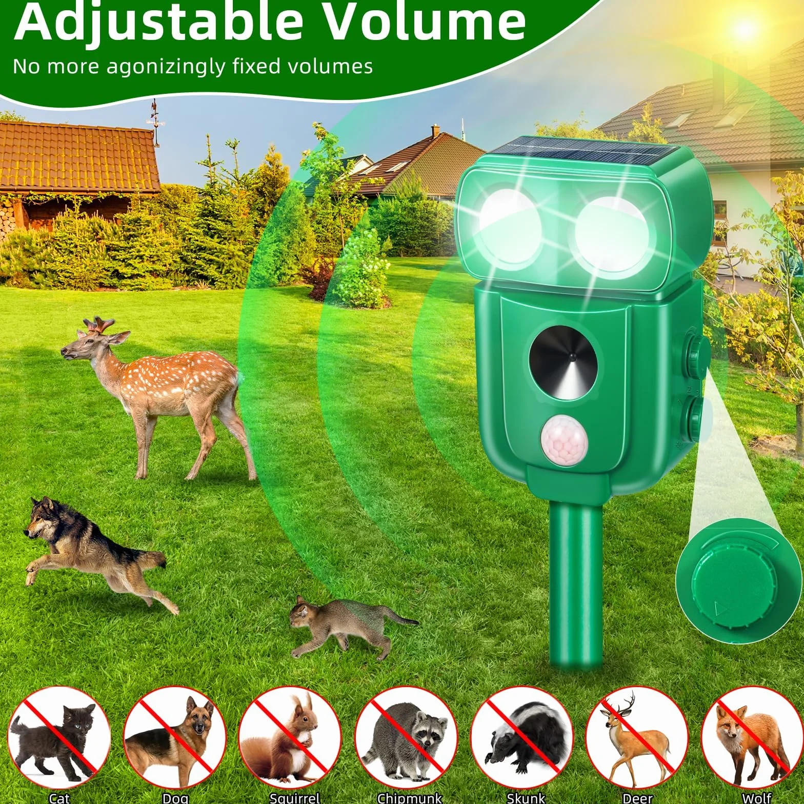 Repelente para gatos, repelente ultrasónico energía solar IP66 impermeable de frecuencia ajustable para ahuyentar animales 5 modos ajustables repelente de animales ultrasound repelente para animales