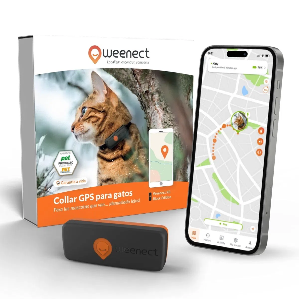 Weenect Cat XS - Nuevo GPS para Gatos | Mini rastreador GPS en Tiempo Real | El más pequeño del Mercado | Suscripción | Collar Incluido | Garantía de por Vida