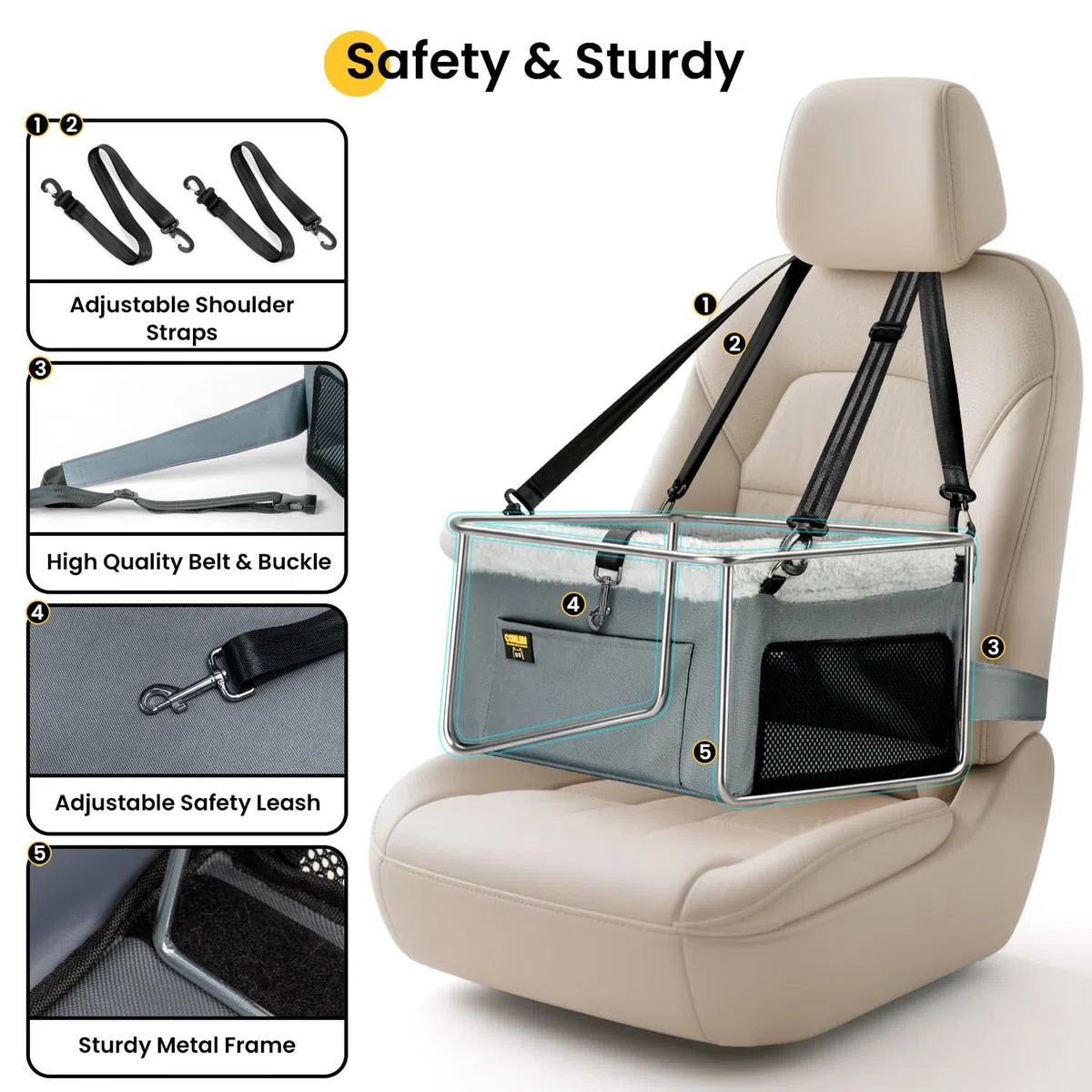 Conlun Asiento Coche Perro Pequeño y Gatos (hasta 9 kg) - Asiento Elevador Perro con Cinturón de Seguridad - Silla Coche Mascotas Plegable con Estructura de Acero (40x33x22 cm)