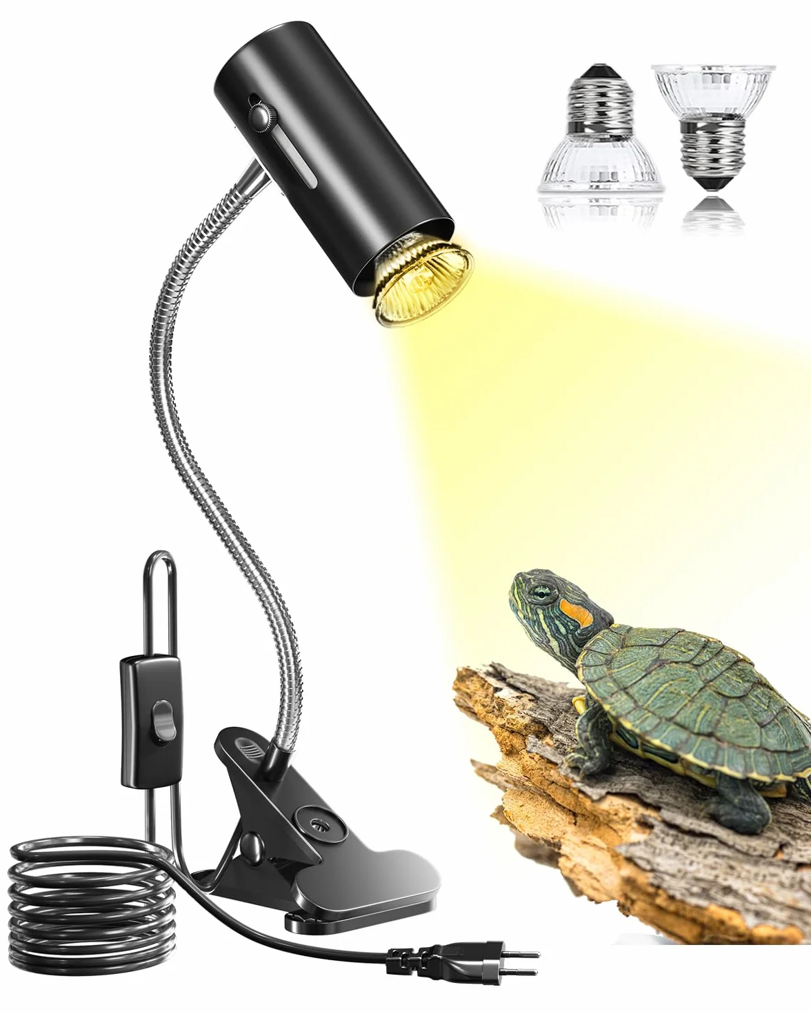 Terrario Reptiles Lámpara para Tortuga de Calor Lámpara para Terrario 50W UVA/UVB con Clip Ajustable E27 Portalámpara Base para Tortuga, Lagartos, Araña, Camaleon, Anfibios (2 Bombillas)