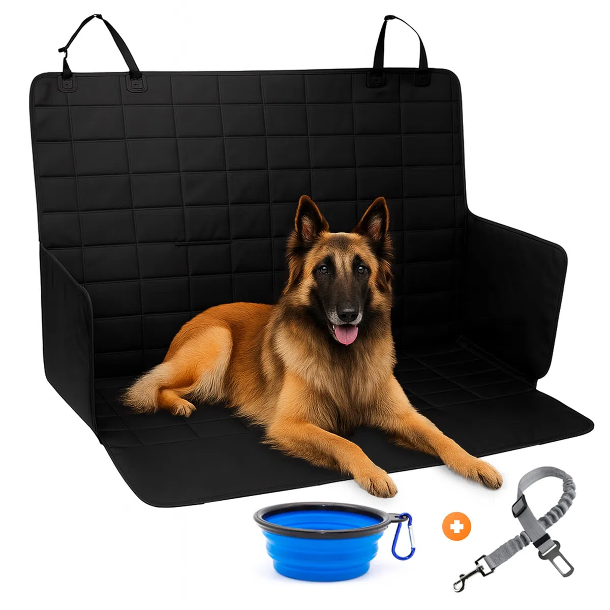 Funda Coche Perro - Protector Coche Asiento Trasero y Maletero, Medidas 147 cm Alto x 135 cm Ancho, Incluye Bebedero Comedero Pleglable y Correa de Seguridad Ajustable, Accesorios Mascotas