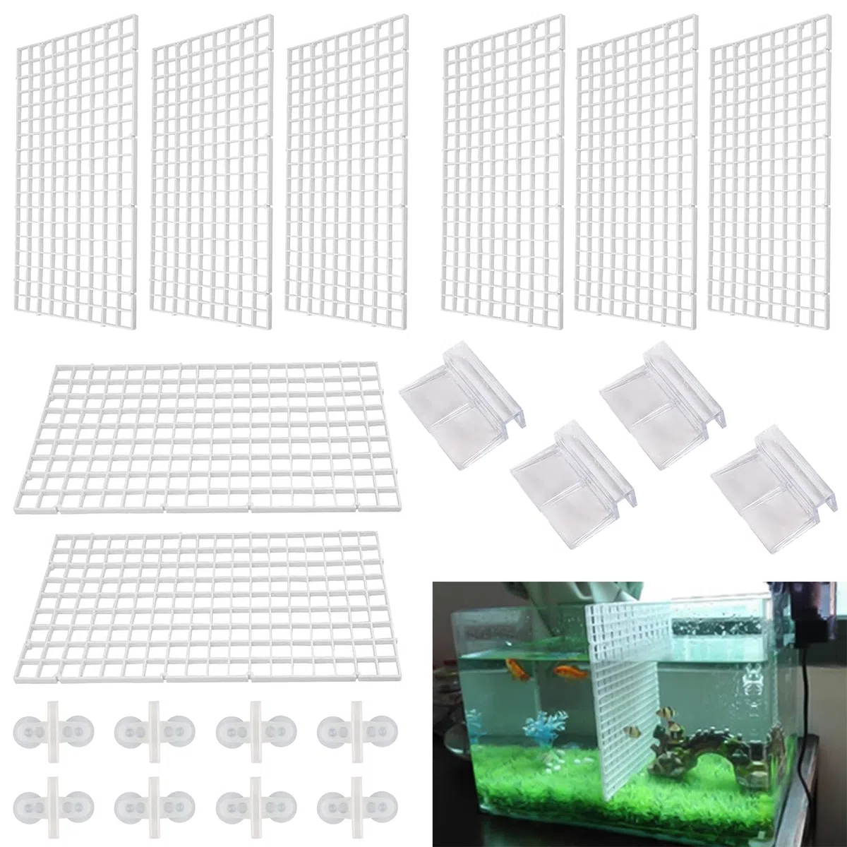 8 Pcs Divisor de Acuario Separador de Acuario Divisores de Pecera Separador de Tanque de Peces Rejilla de Plástico con 8PCS Clips de Ventosas para Mantener a Los Diferentes Peces de La Pelea