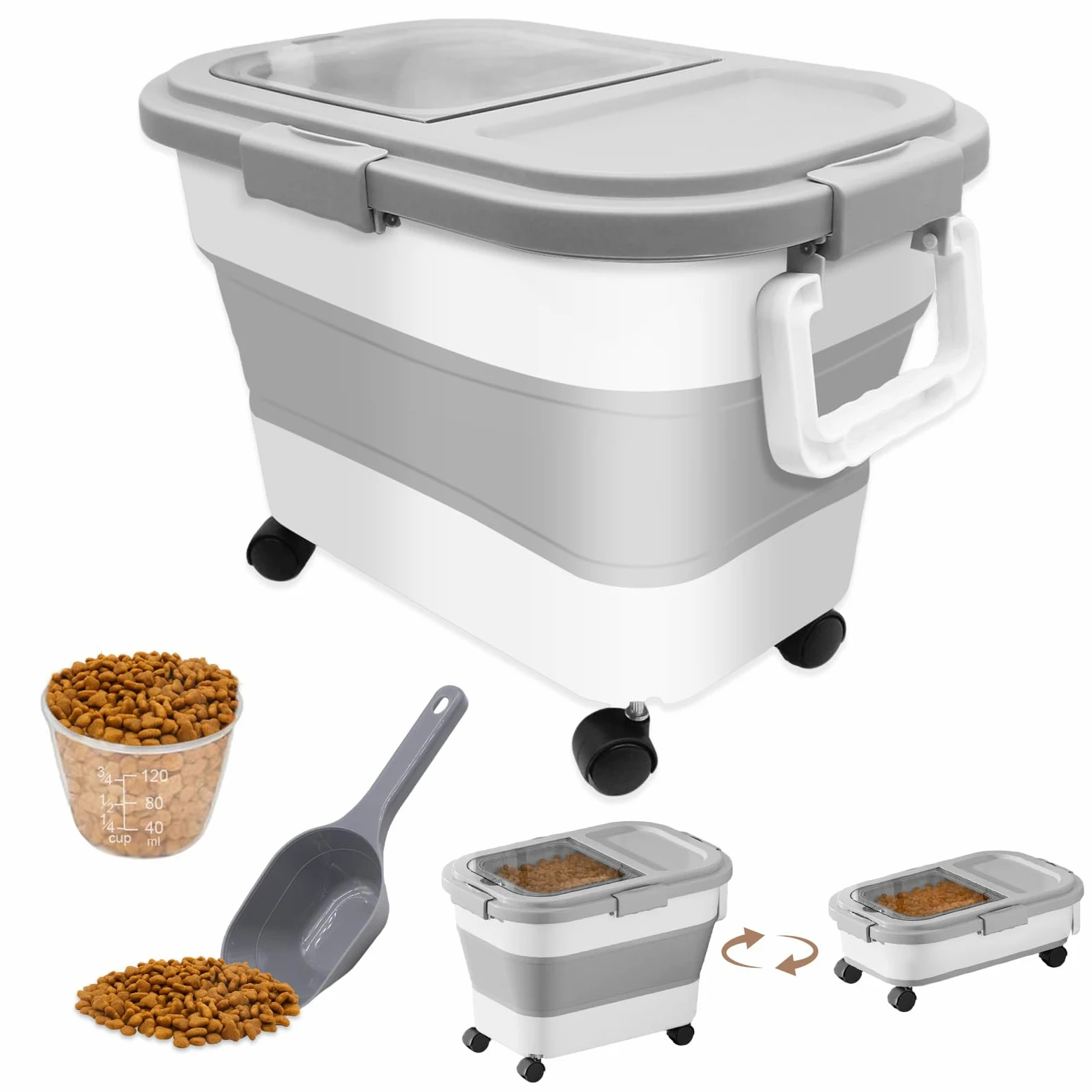 Contenedor Plegable para Alimentos de Mascotas 7-10kg, Contenedor de comida para perros, Recipiente Hermético con Ruedas, Cuchara Medidora, para Guardar Croquetas y Mantener su Frescura