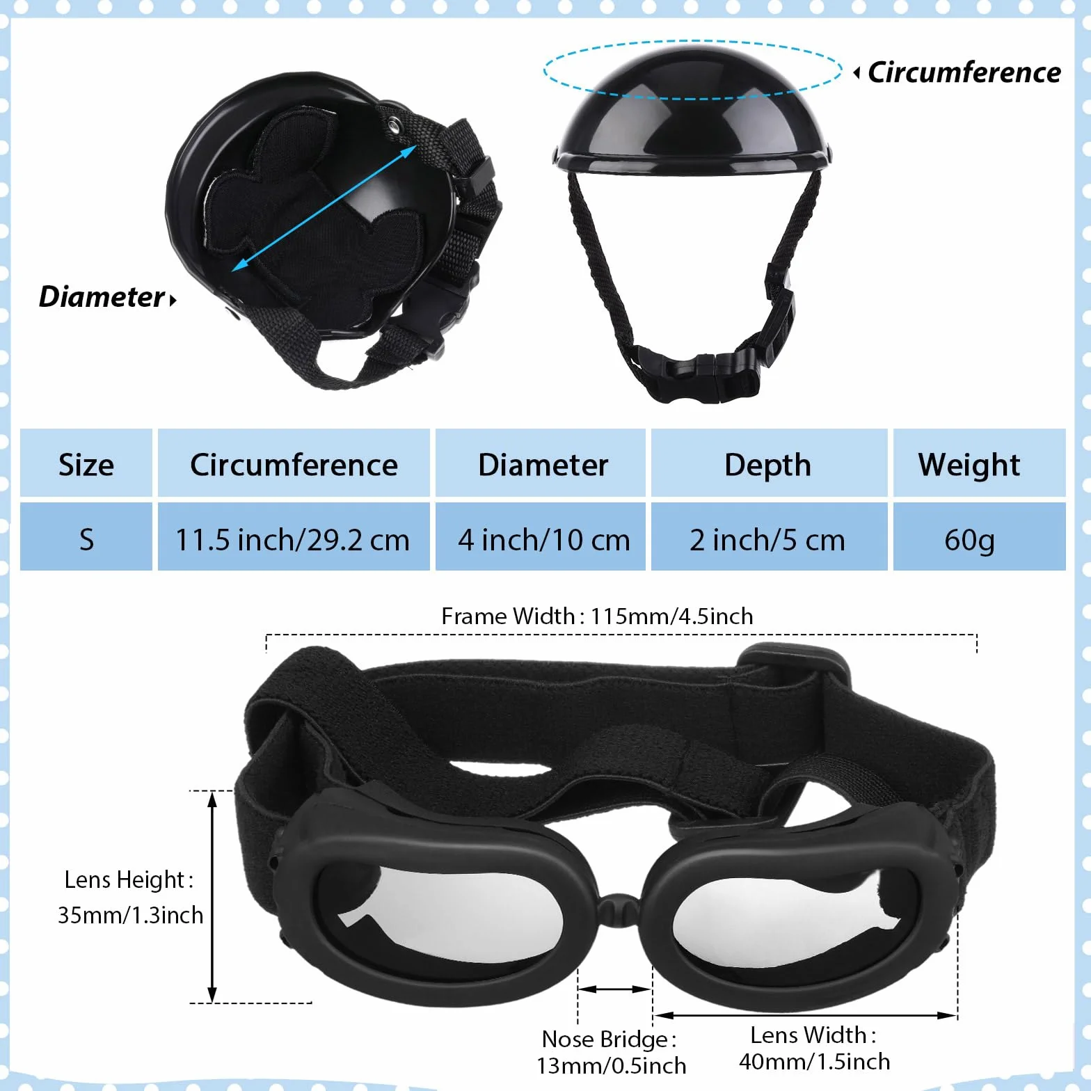 Frienda Casco y Gafas para Perro, Gafas de Sol con protección UV y Casco Acolchado de 4 Pulgadas para Cachorros, adorables Gafas para Perros con cinturón Ajustable para Perros pequeños (Negro, S)