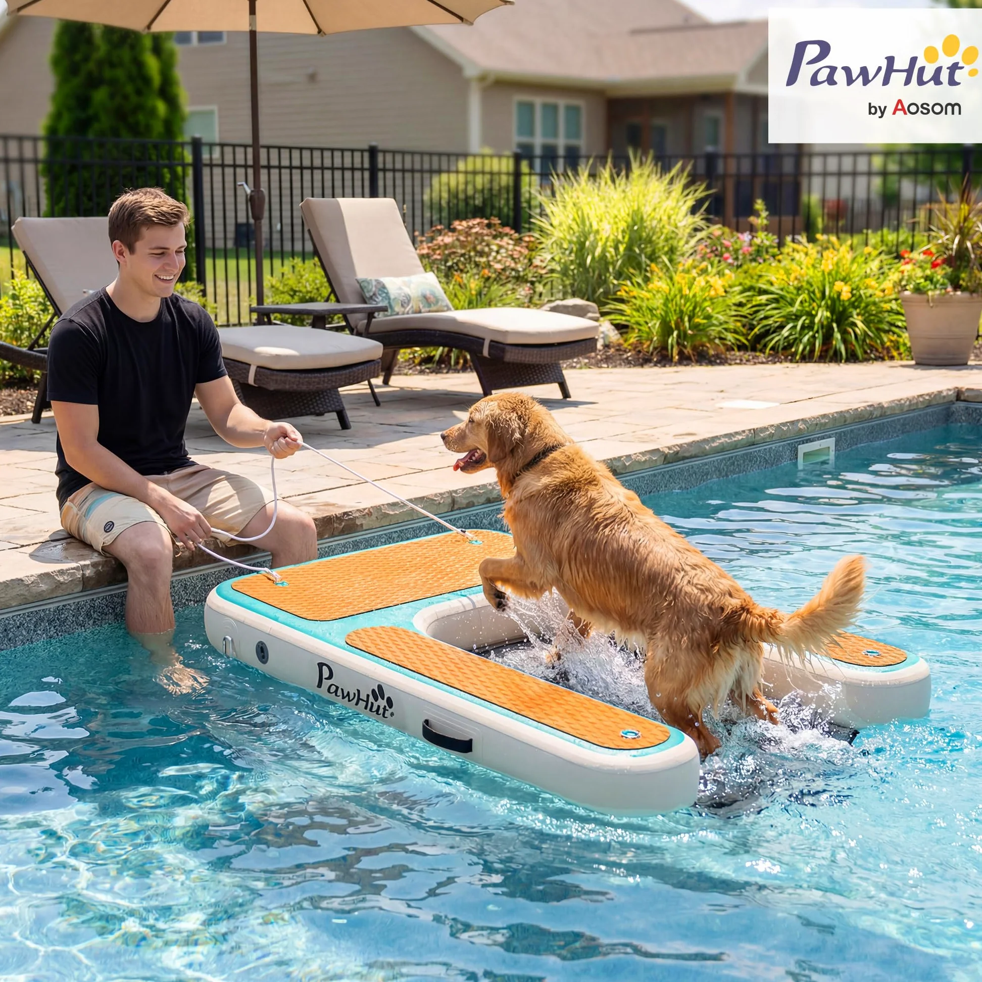 PawHut Rampa de Agua Hinchable para Perros para Piscina, Barcos, Lagos, 151x102 cm, Escalera Flotante para Perros con Superficie Antideslizante de EVA, para Razas Grandes de hasta 100 kg