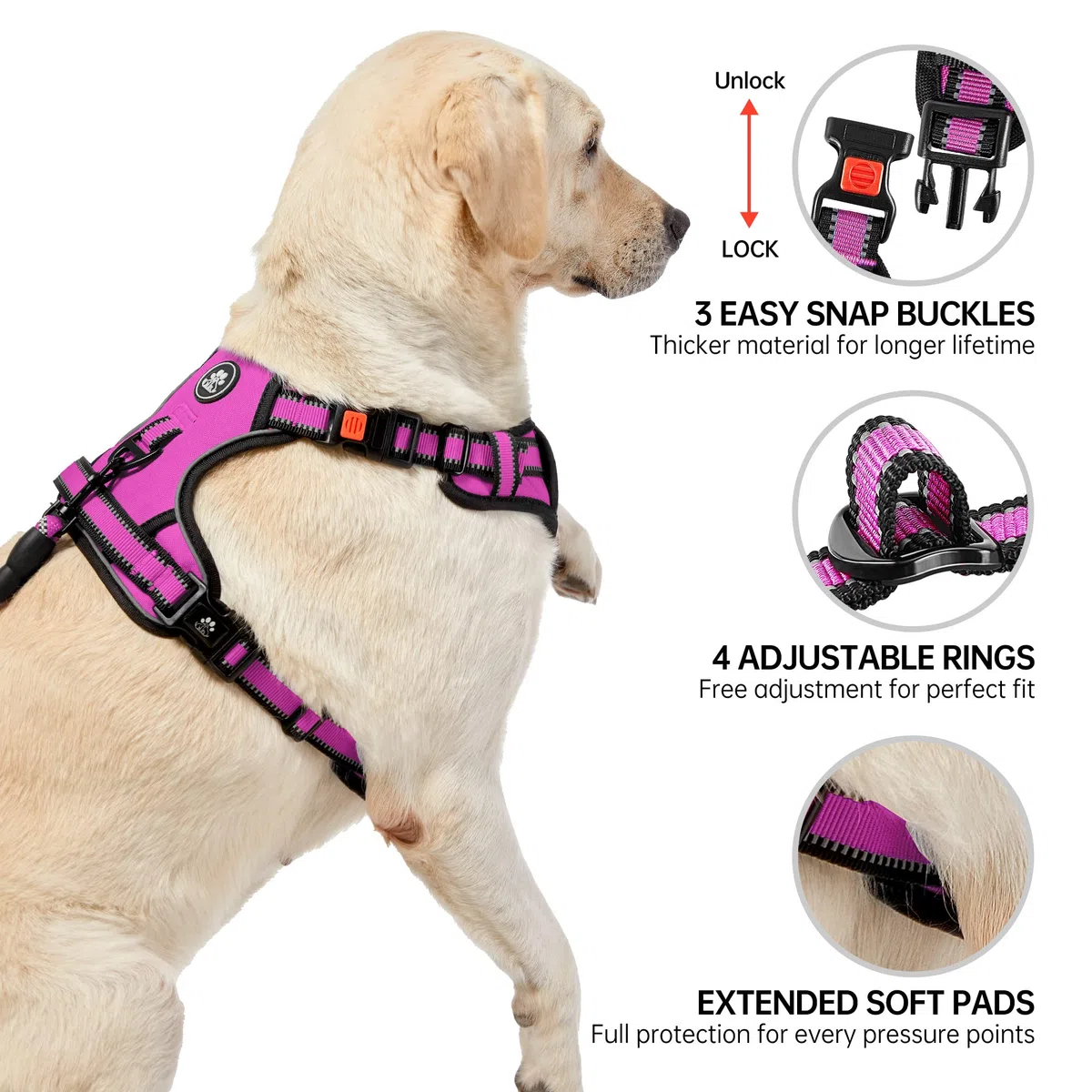NESTROAD Arnes en H Antitirones Collar y Correa de Perro Coche, Cinturon de Seguridad Perros Antiescape Rosa Rojo, Talla M para Perros Mediano, Cuello 33~43CM Pecho 43~64, Perros Accesorios Básicos