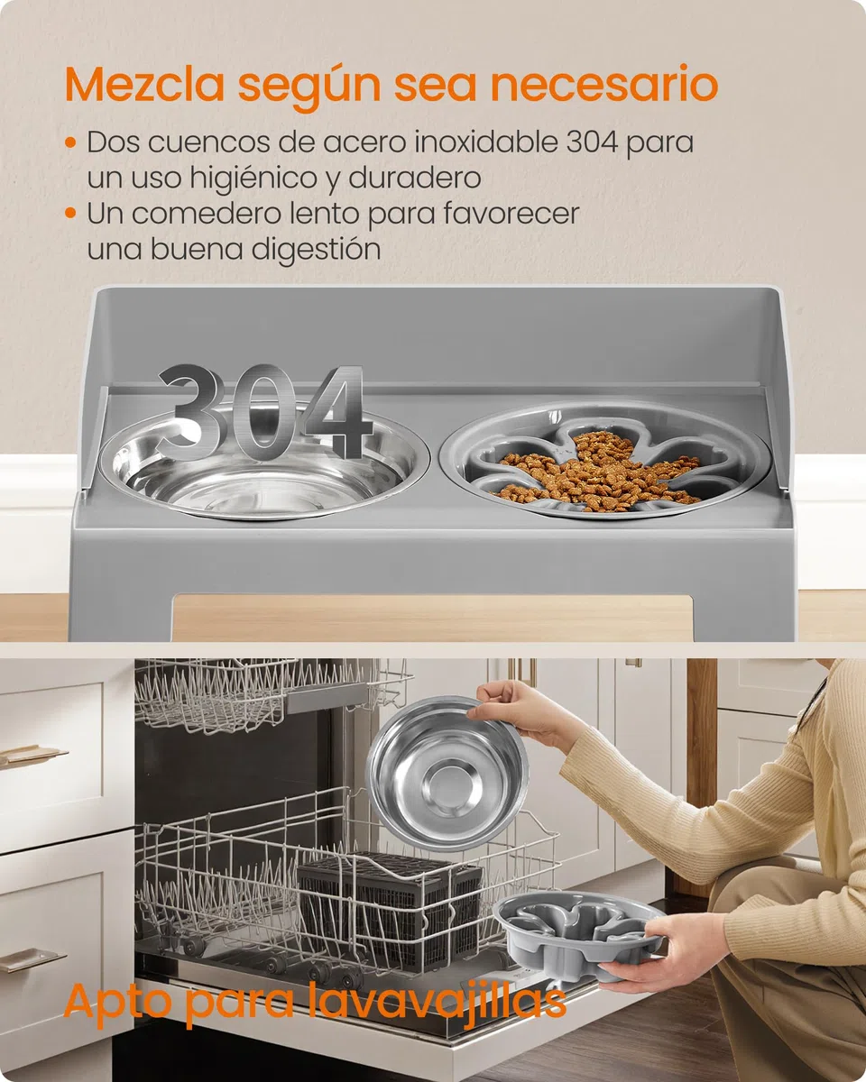 Feandrea Comedero Elevado para Perros con Soporte, 1 Comedero Lento y 2 Comederos de Acero Inoxidable 304, Altura Ajustable y Diseño Inclinado, Gris Paloma PRB103GD01