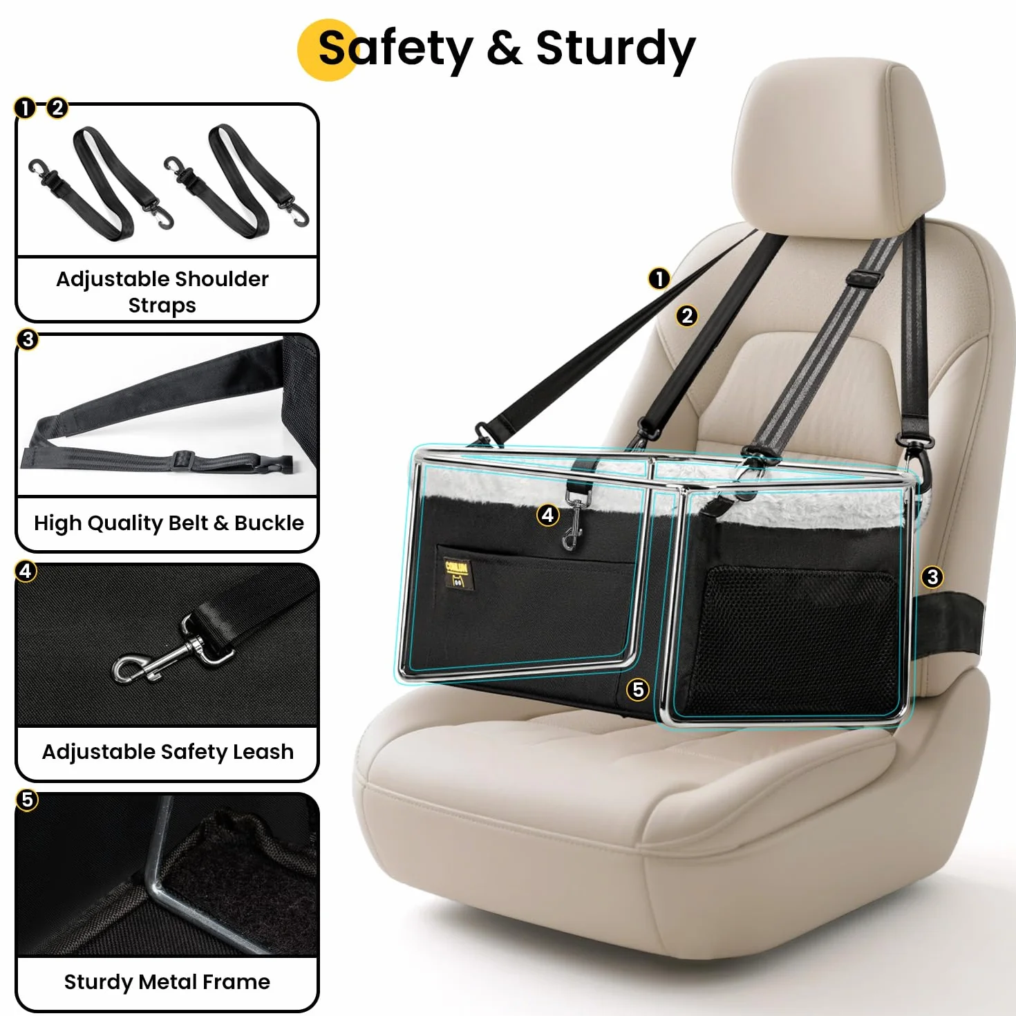 Conlun Asiento Coche Perro Pequeño y Gatos (hasta 9 kg) - Asiento Elevador Perro con Cinturón de Seguridad - Silla Coche Mascotas Plegable con Estructura de Acero (40x33x22 cm)