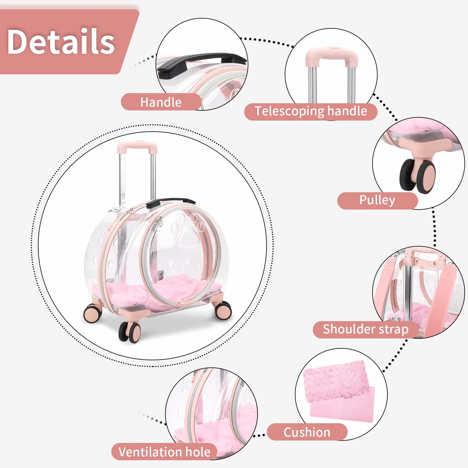 Transportín transparente y totalmente transpirable para gatos con ruedas giratorias para perros, gatos o conejos, más opciones de transporte, perfecto para viajar/hacer un paseo (rosa)