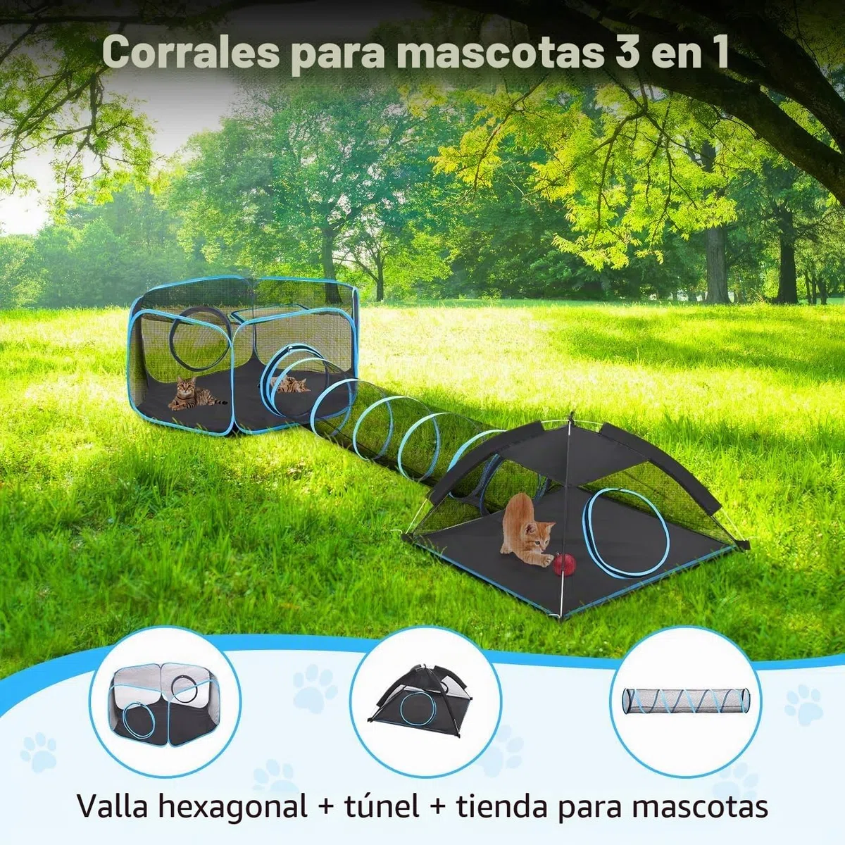 Pawaboo Parque para Mascotas con Túnel Portátil, 3 en 1 Túnel para Gatos Plegable con Tienda y Parque de Malla Transpirable, Corralito para Gatos Conejos Animales Pequeños, Azul Claro + Negro