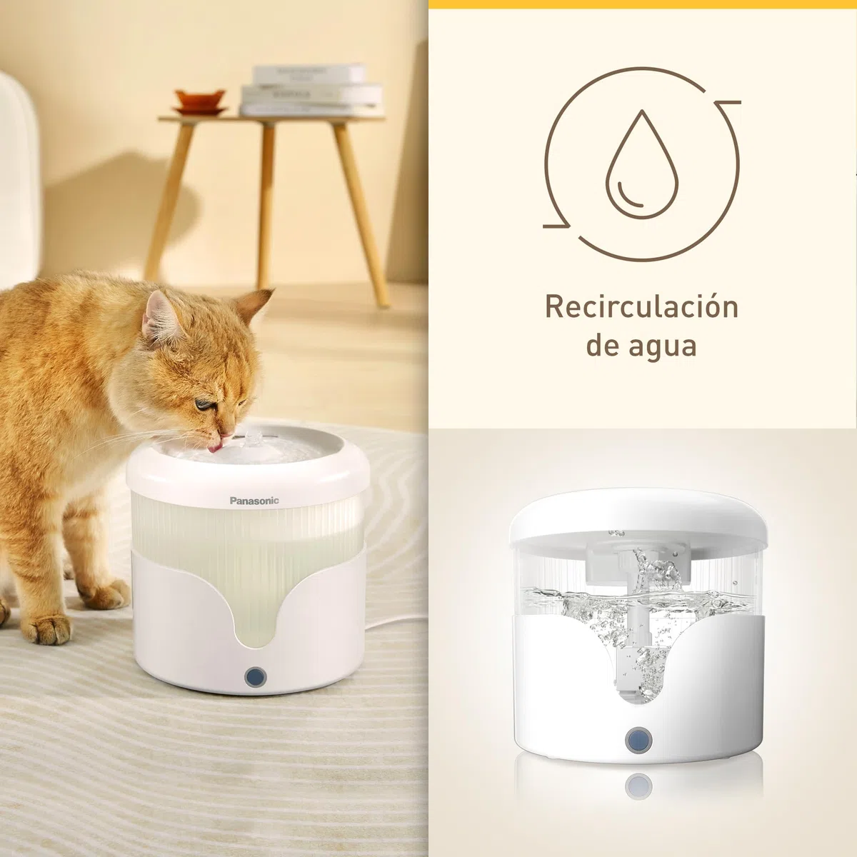 PANASONIC CP-JNW01-W Fuente de Agua para Mascotas, para Gatos y Perros de Tamaño Pequeño y Mediano, Capacidad de 1,9 L, Filtración de 4 Capas, Súper Silenciosa, Dos Modos, Blanco