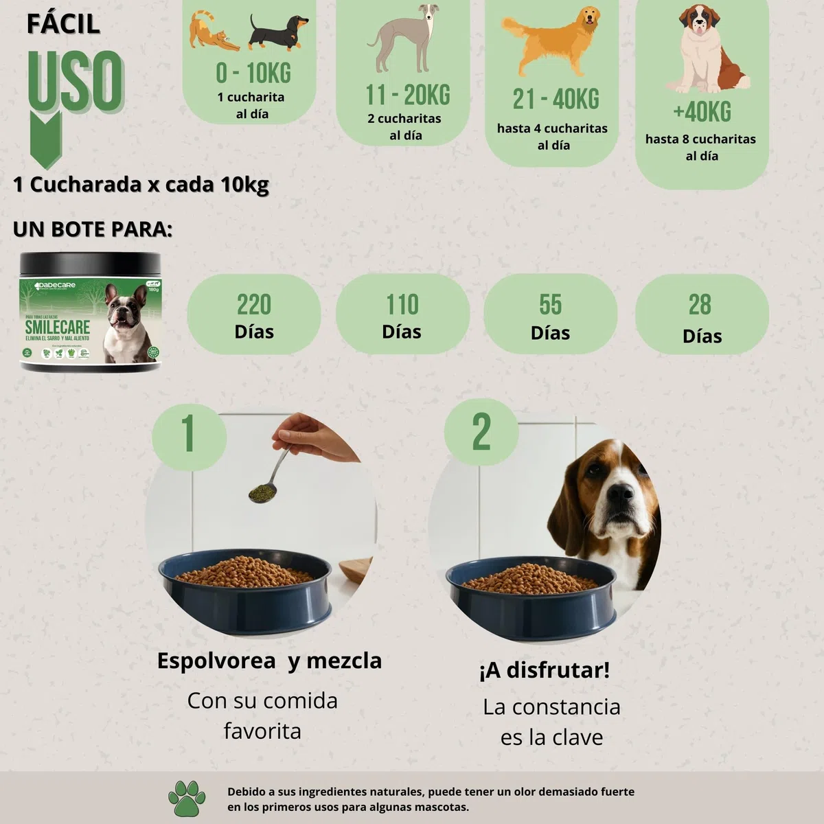 Smilecare - Polvos para Mal aliento 220gr Alga Kelp - Alternativa Natural Pasta De Dientes Para Perros Y Gatos, Mejora Aliento, Reduce Sarro, Prevención Problemas Dentales - Sin Cepillado Diario