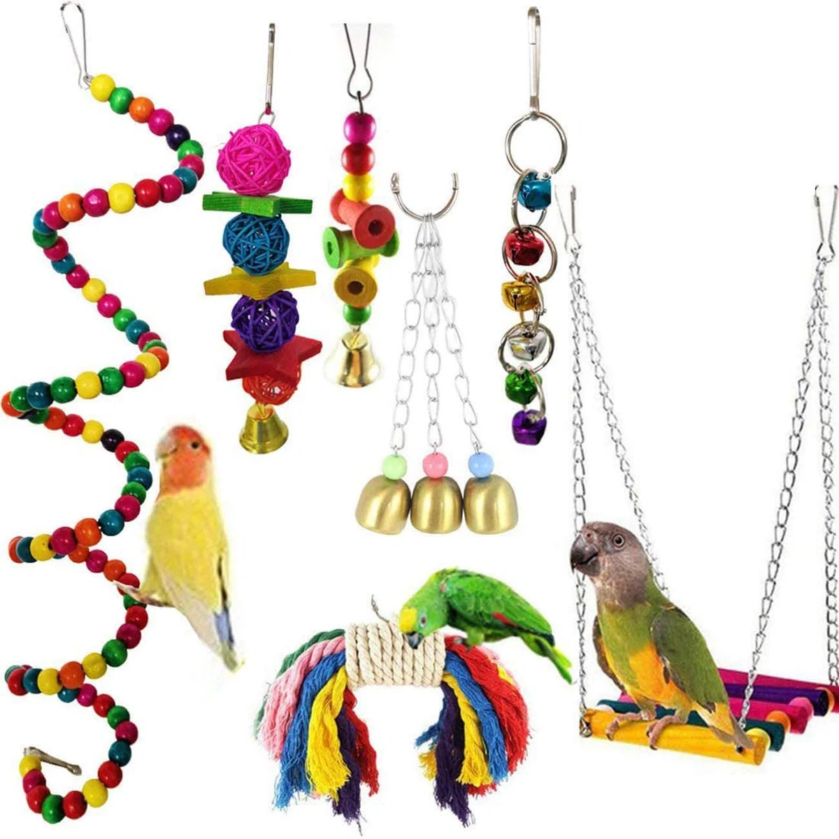 pájaro Juguete Loro Juguete 7 Piezas Jaula esparcidor Columpio Masticar Campana Juguete Periquito pequeño Loro Guacamayo myna