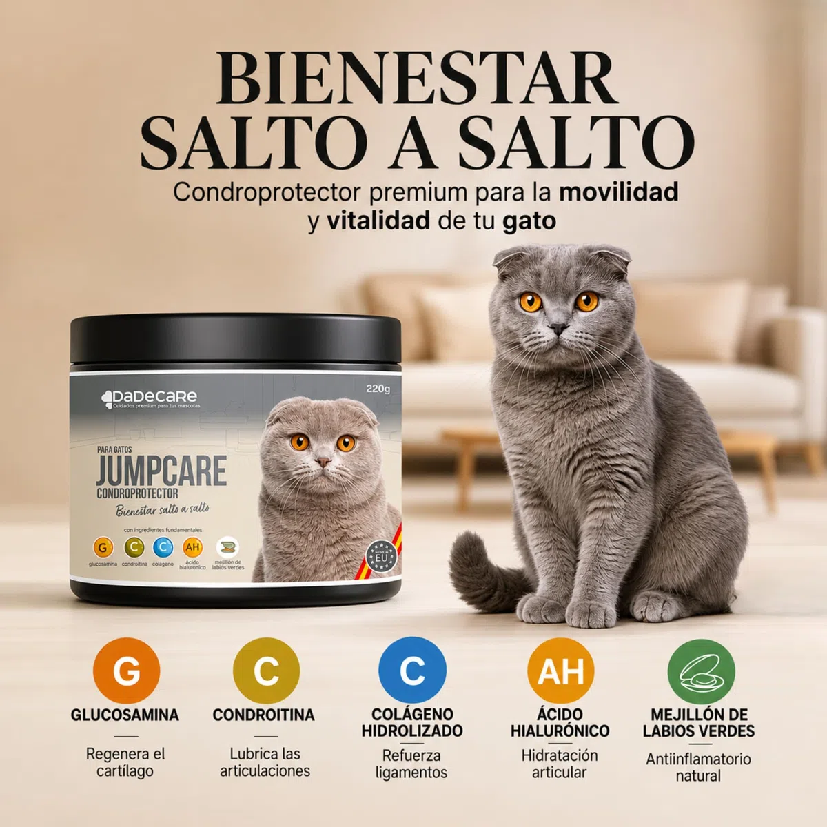 Condroprotector Gatos en Polvo 220g - Suplemento Articulaciones con Colágeno, Glucosamina, Condroitina, Ácido Hialurónico y Mejillón Verde - Apoyo Movilidad Gatos Mayores y Adultos - Jumpcare